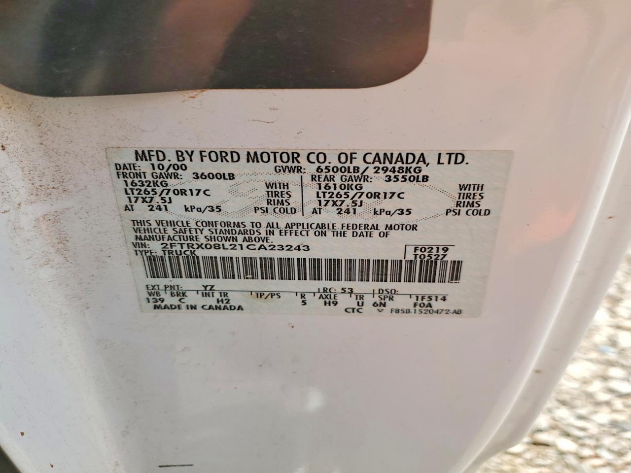 2001 Ford F150 White vin: 2FTRX08L21CA23243