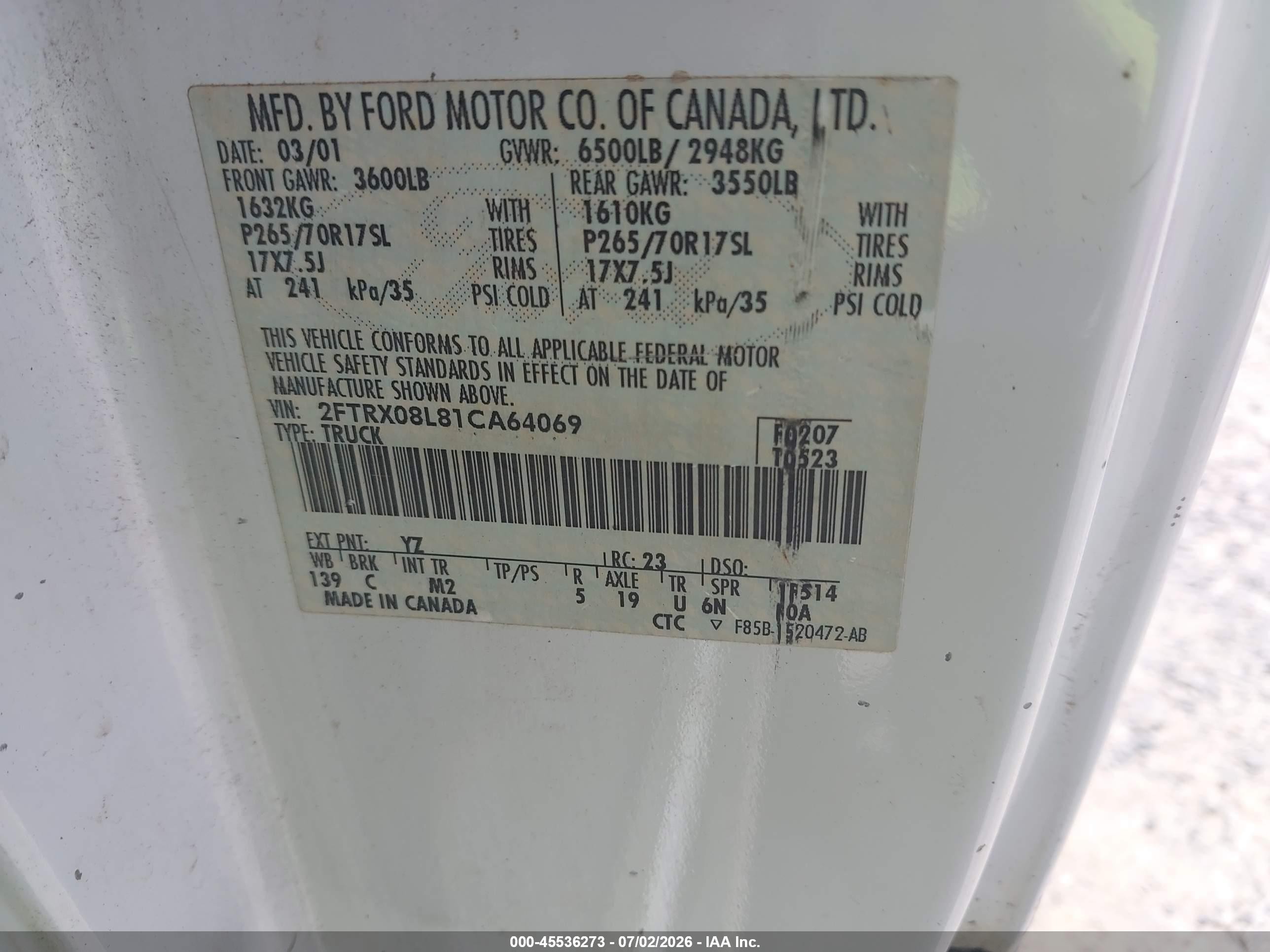 2001 Ford F-150 Lariat/xl/xlt White vin: 2FTRX08L81CA64069