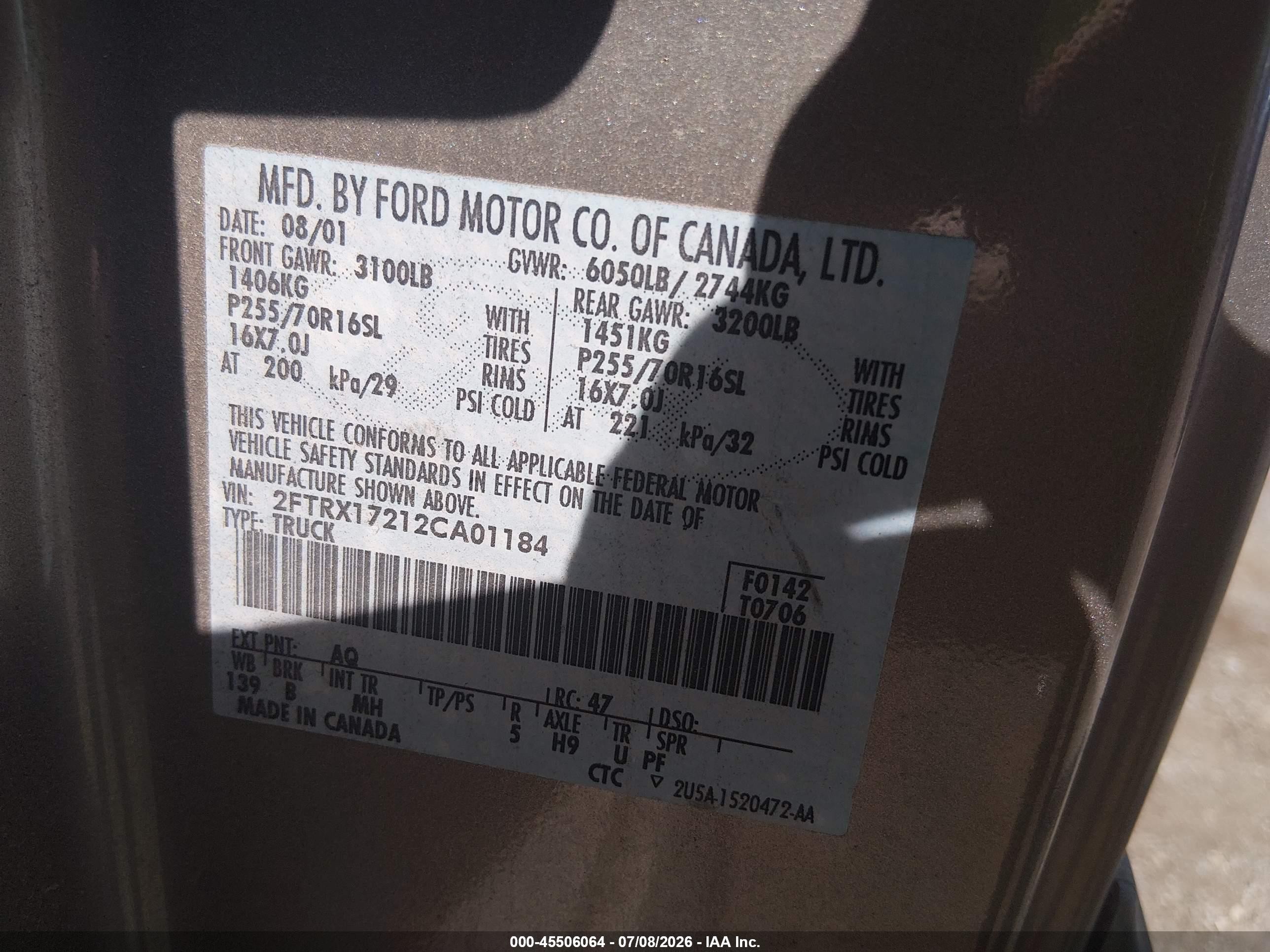 2002 Ford F-150 Xl/xlt Beige vin: 2FTRX17212CA01184