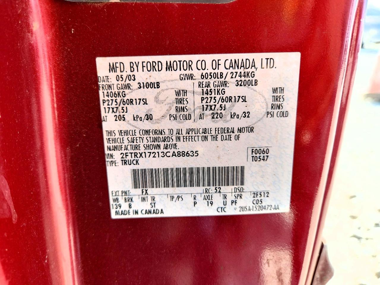 2003 Ford F150 Maroon vin: 2FTRX17213CA88635