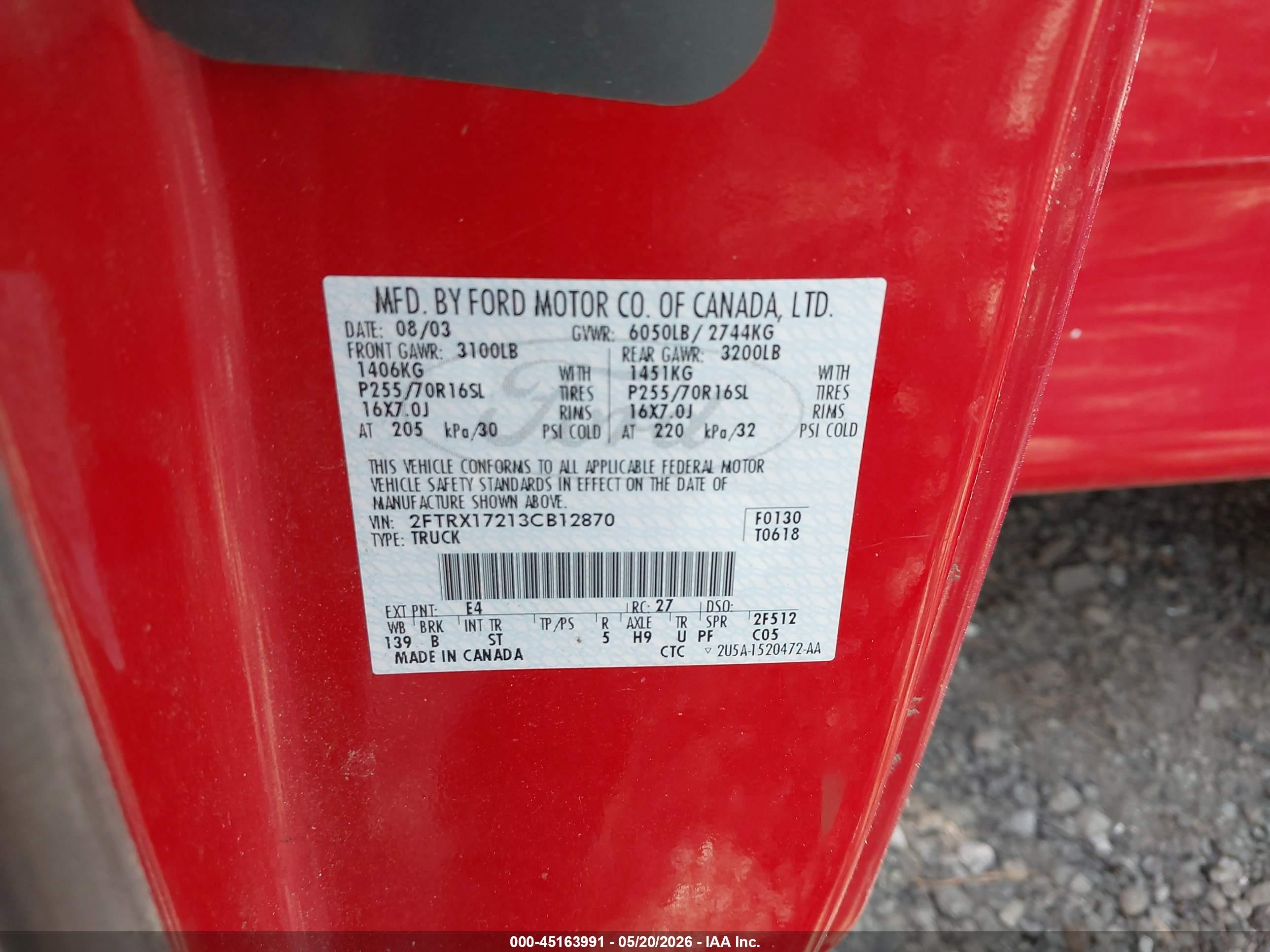 2003 Ford F-150 Xl/xlt Red vin: 2FTRX17213CB12870