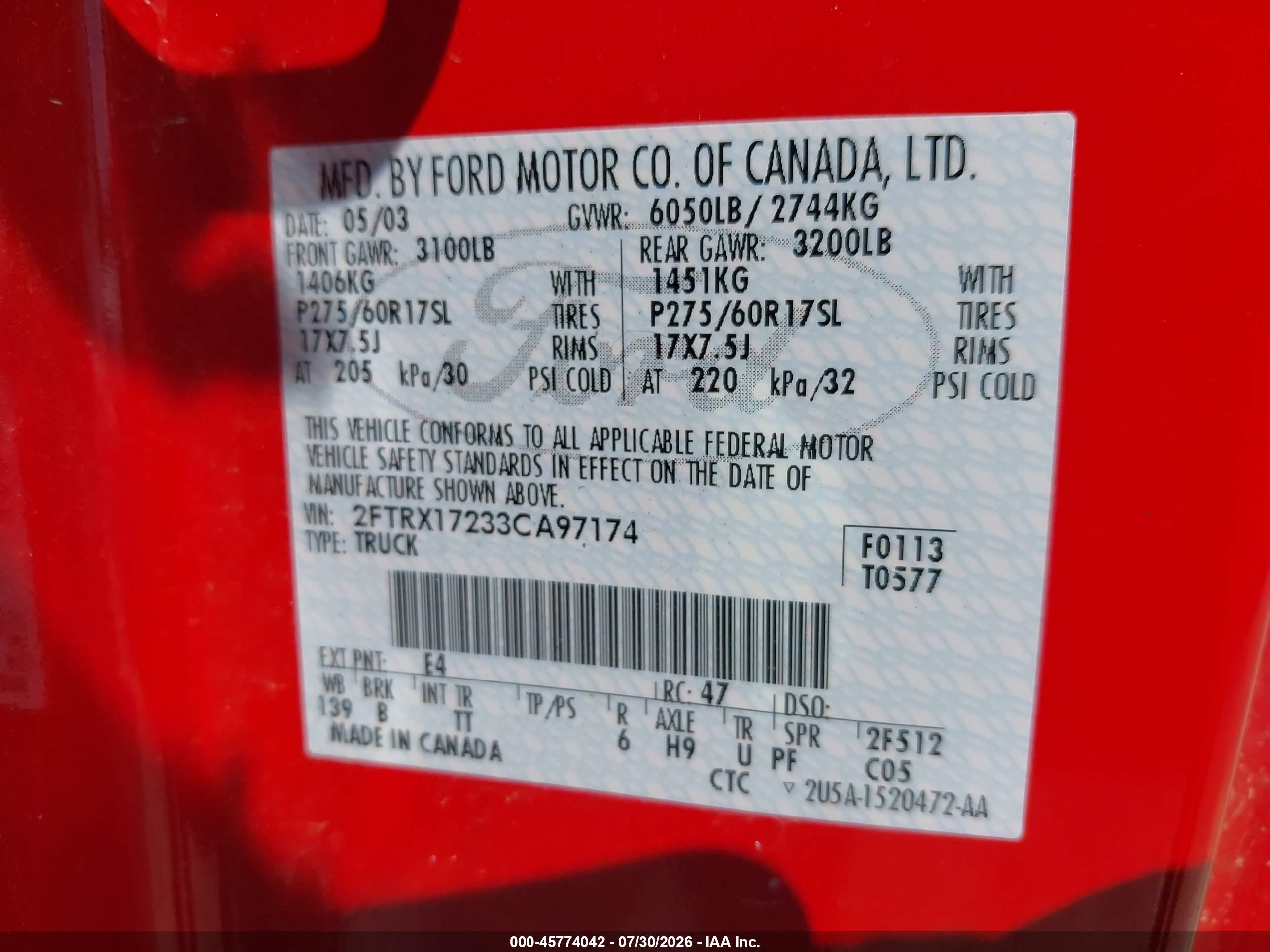2003 Ford F-150 Xl/xlt Красный vin: 2FTRX17233CA97174
