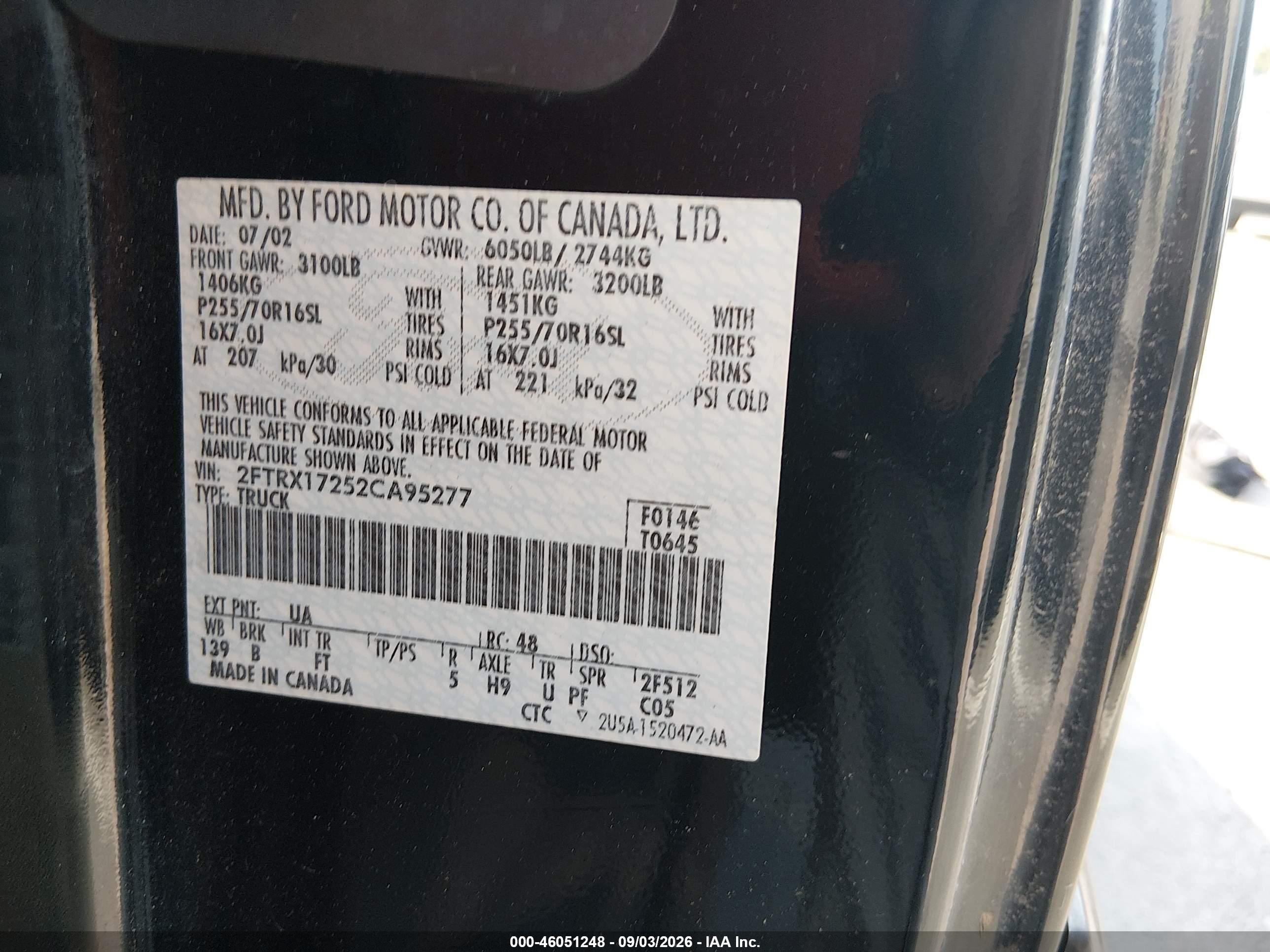 2002 Ford F-150 Xl/xlt Black vin: 2FTRX17252CA95277