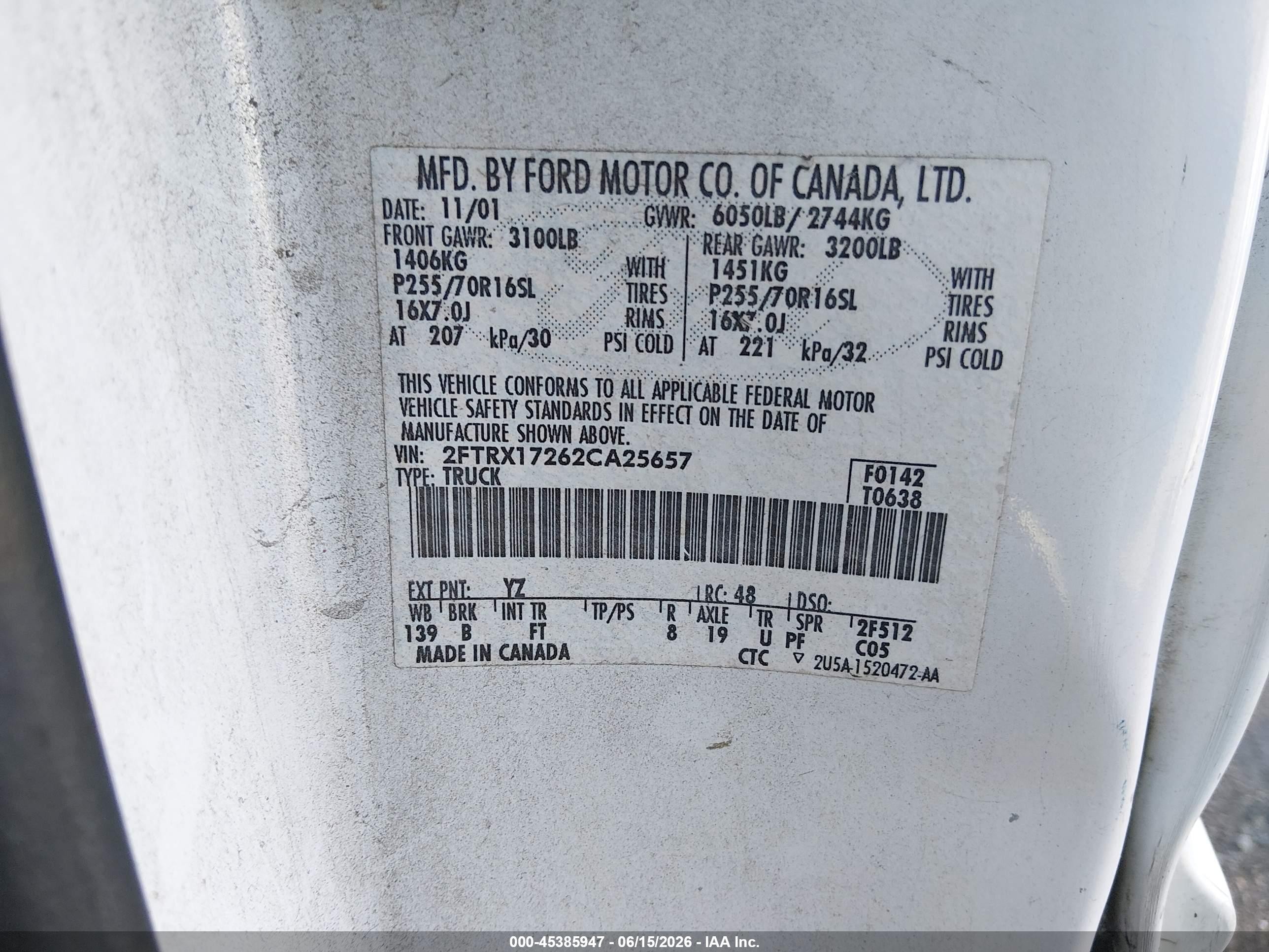 2002 Ford F-150 Xl/xlt White vin: 2FTRX17262CA25657