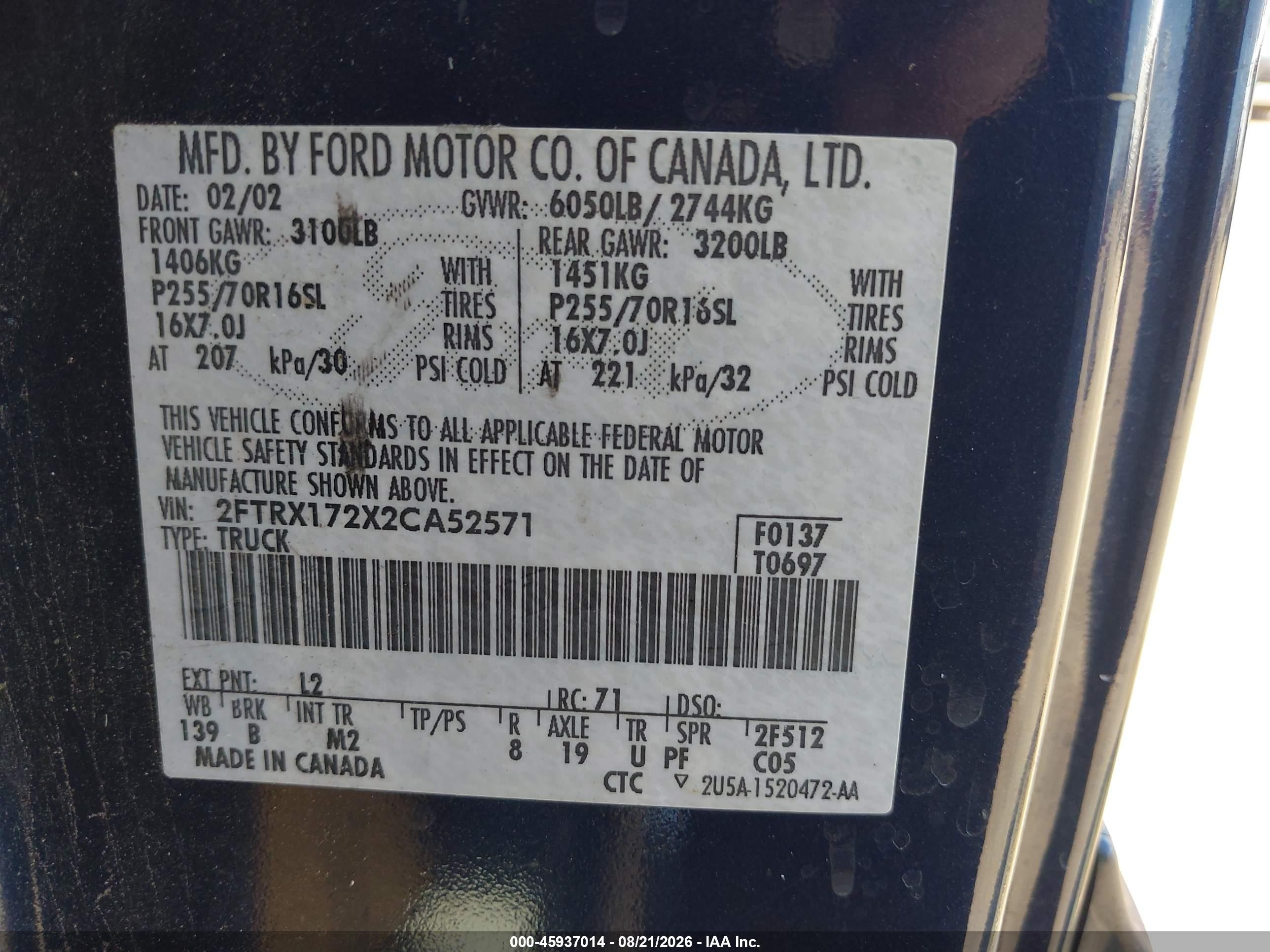 2002 Ford F-150 Xl/xlt Dark Blue vin: 2FTRX172X2CA52571