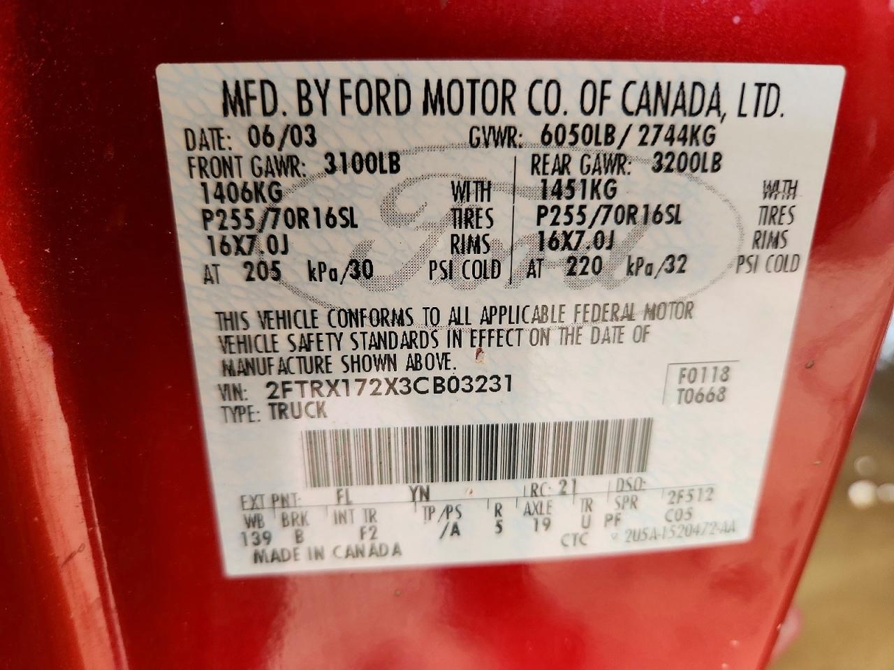 2003 Ford F150 Red vin: 2FTRX172X3CB03231