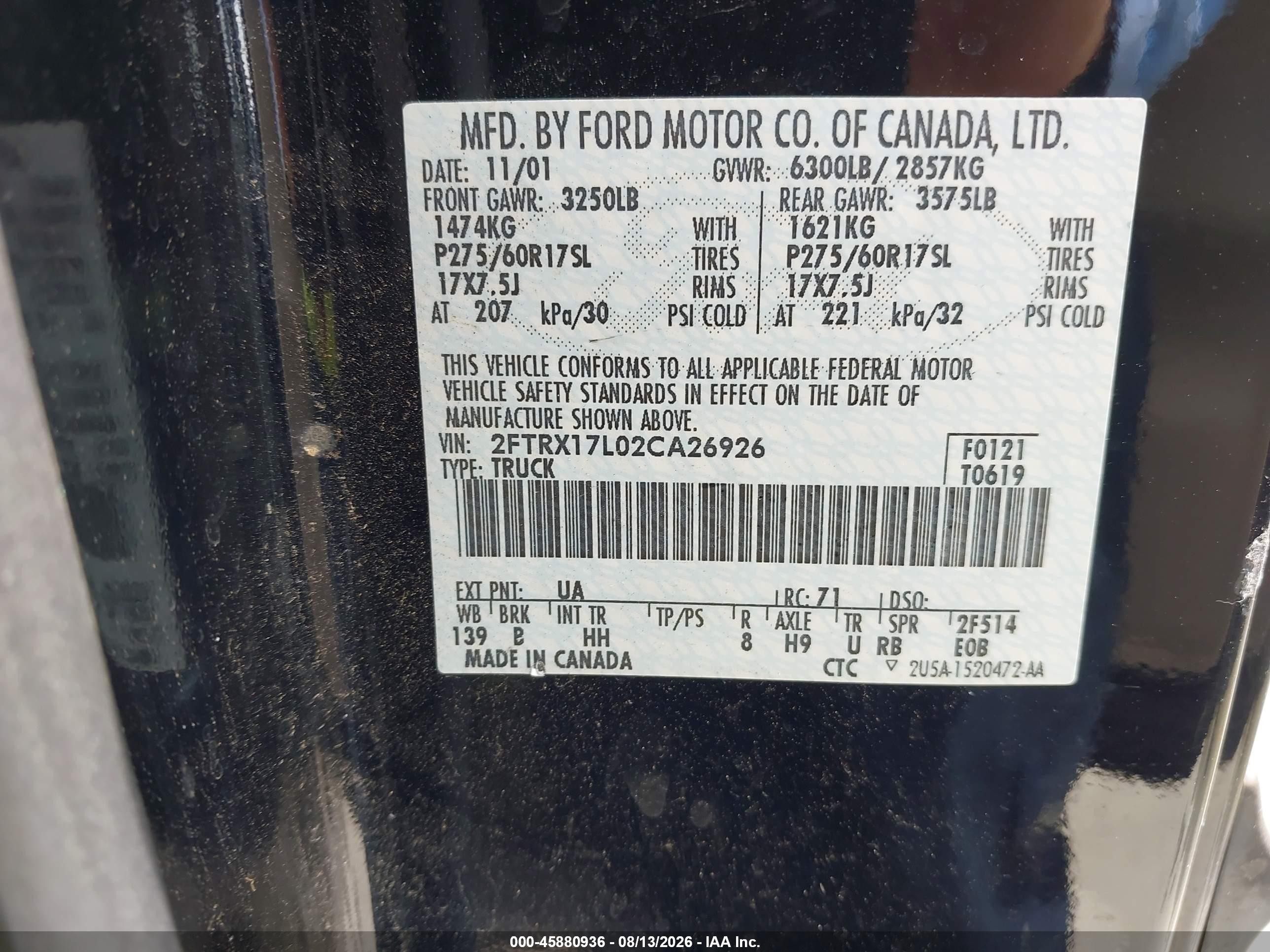 2002 Ford F-150 Lariat/xl/xlt Black vin: 2FTRX17L02CA26926