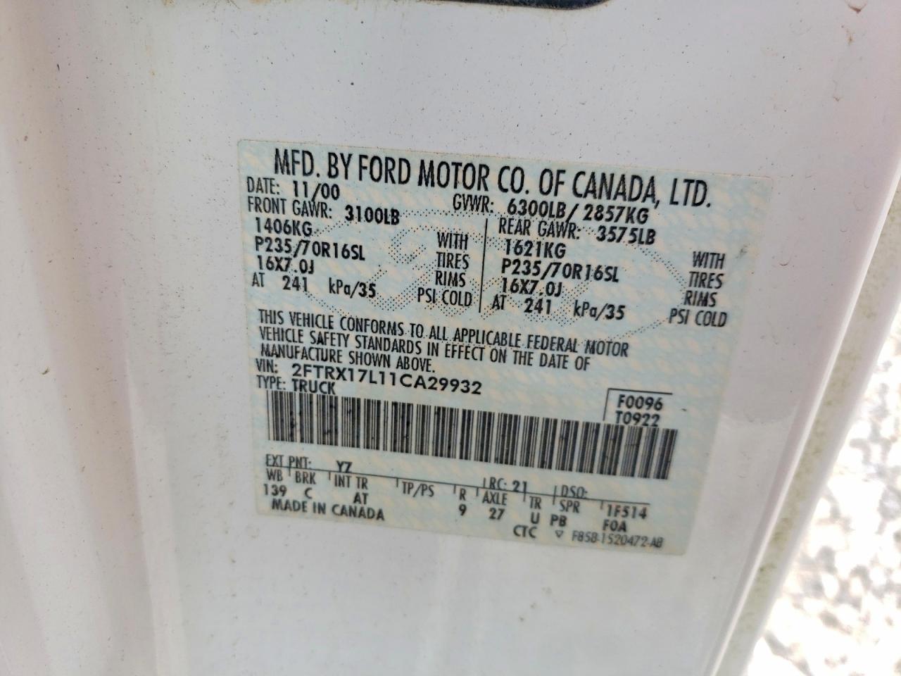 2001 Ford F150 White vin: 2FTRX17L11CA29932
