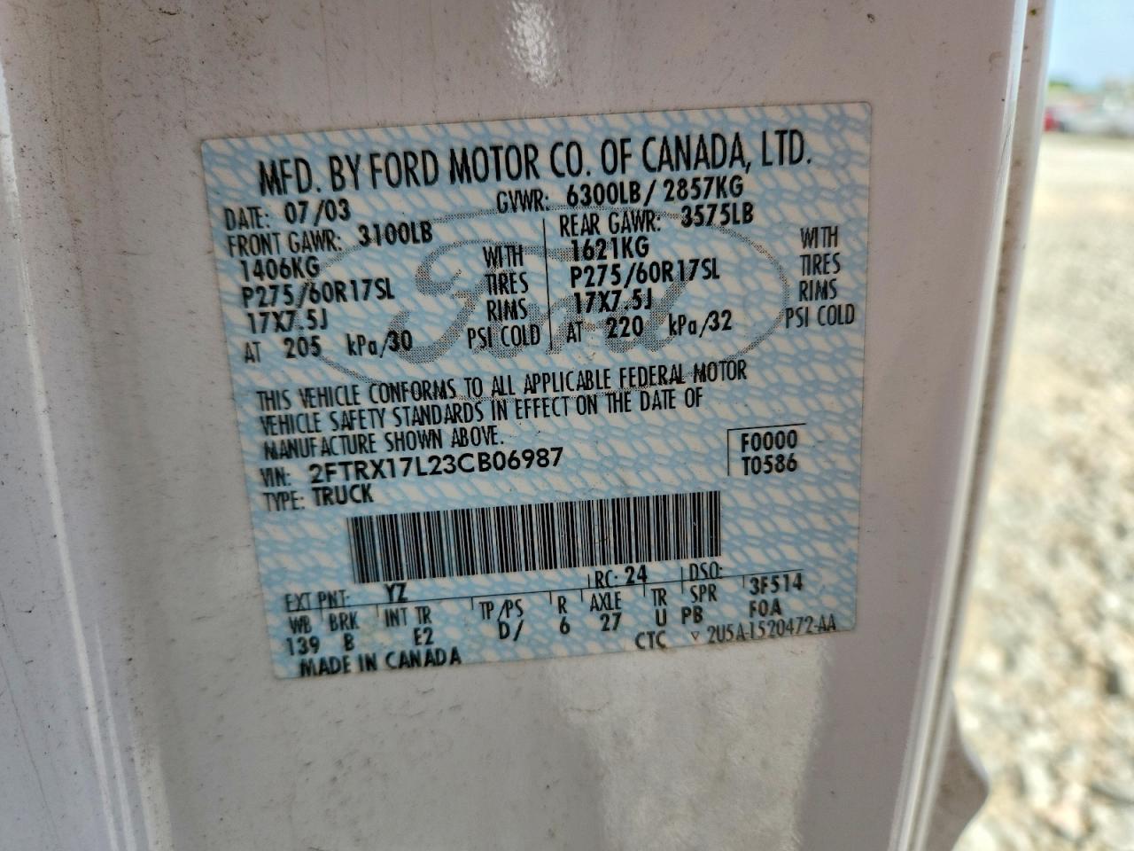 2003 Ford F150 White vin: 2FTRX17L23CB06987