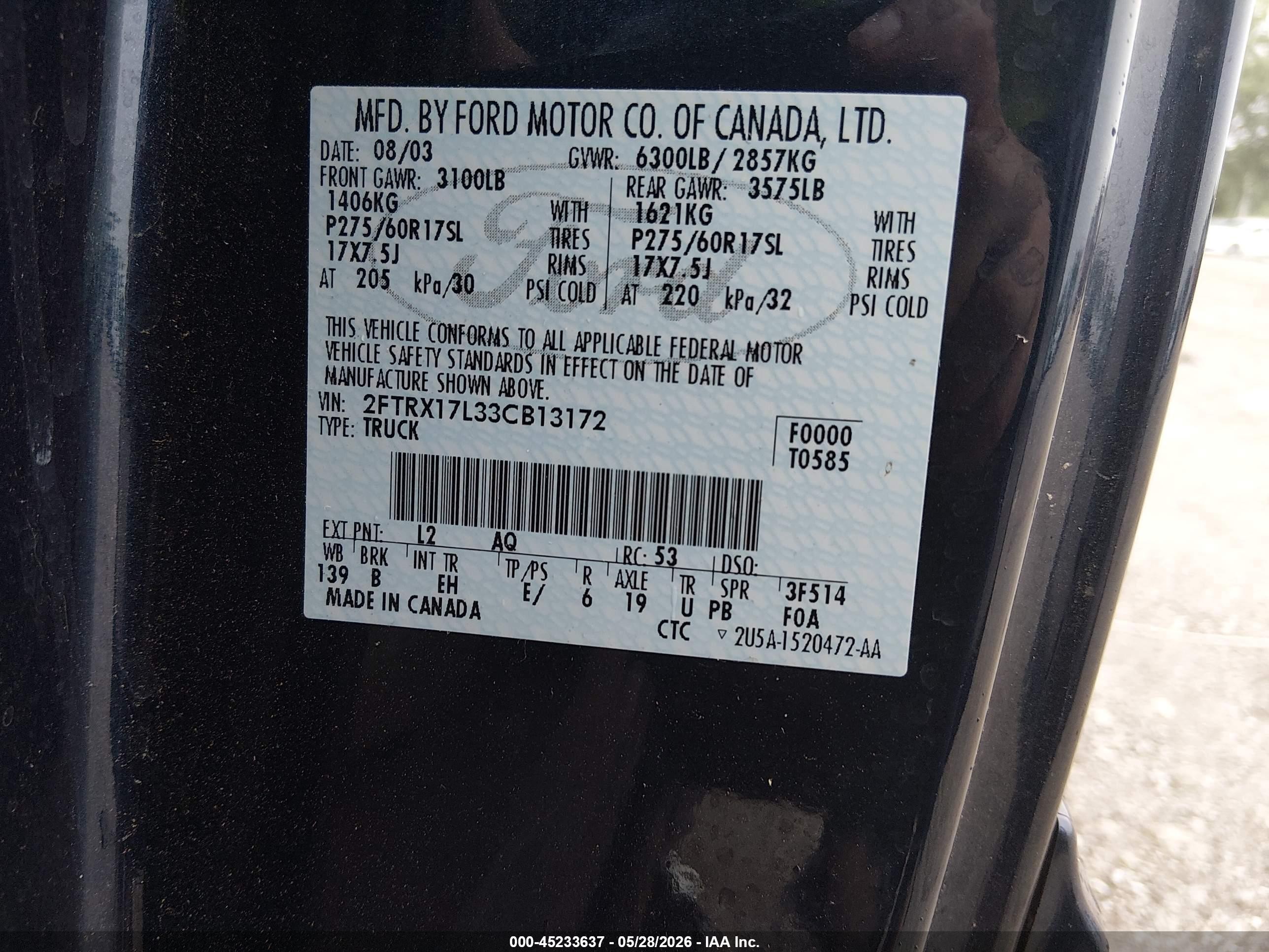 2003 Ford F-150 Lariat/xl/xlt Blue vin: 2FTRX17L33CB13172