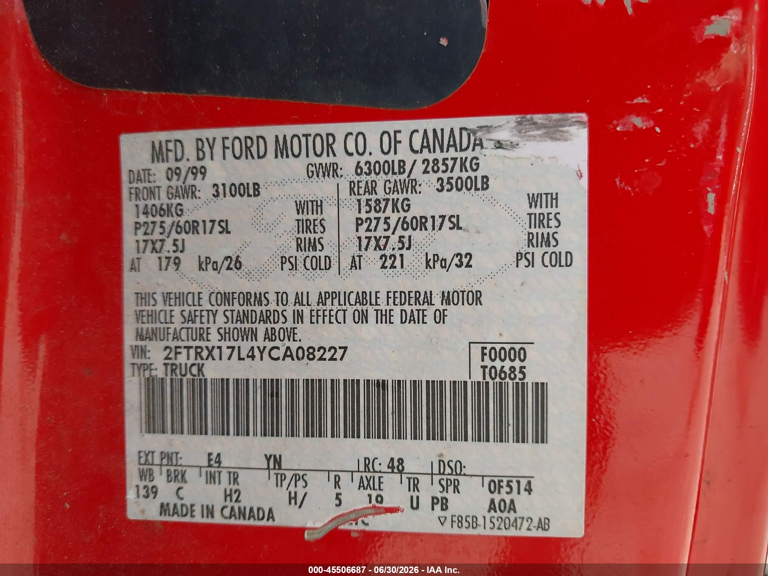 2000 Ford F-150 Lariat/work Series/xl/xlt Red vin: 2FTRX17L4YCA08227