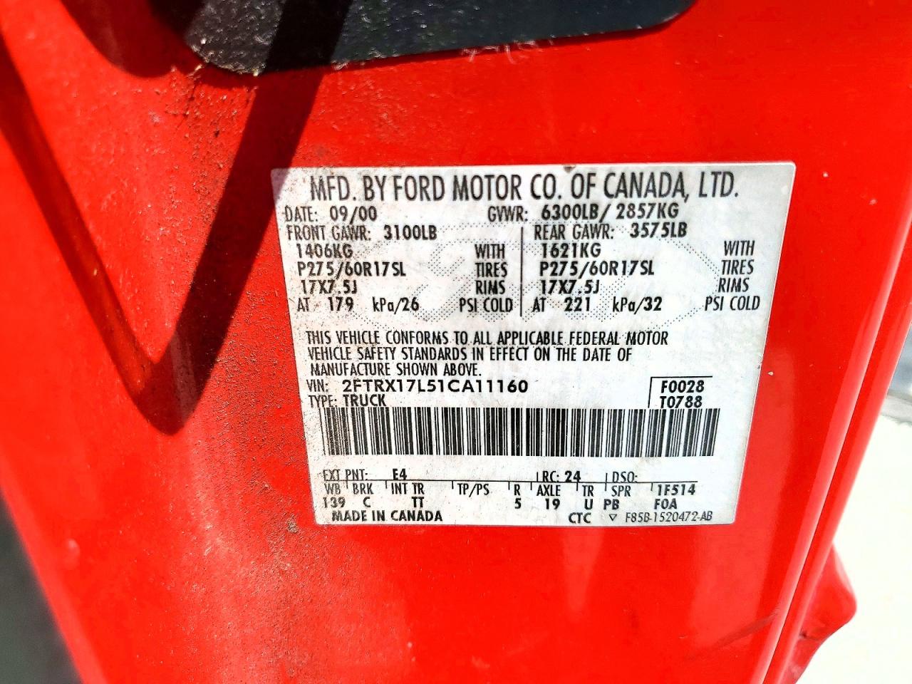2001 Ford F150 Red vin: 2FTRX17L51CA11160