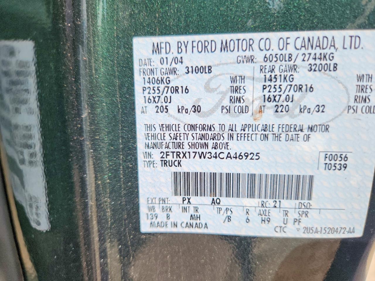 2004 Ford F-150 Heritage Classic Green vin: 2FTRX17W34CA46925