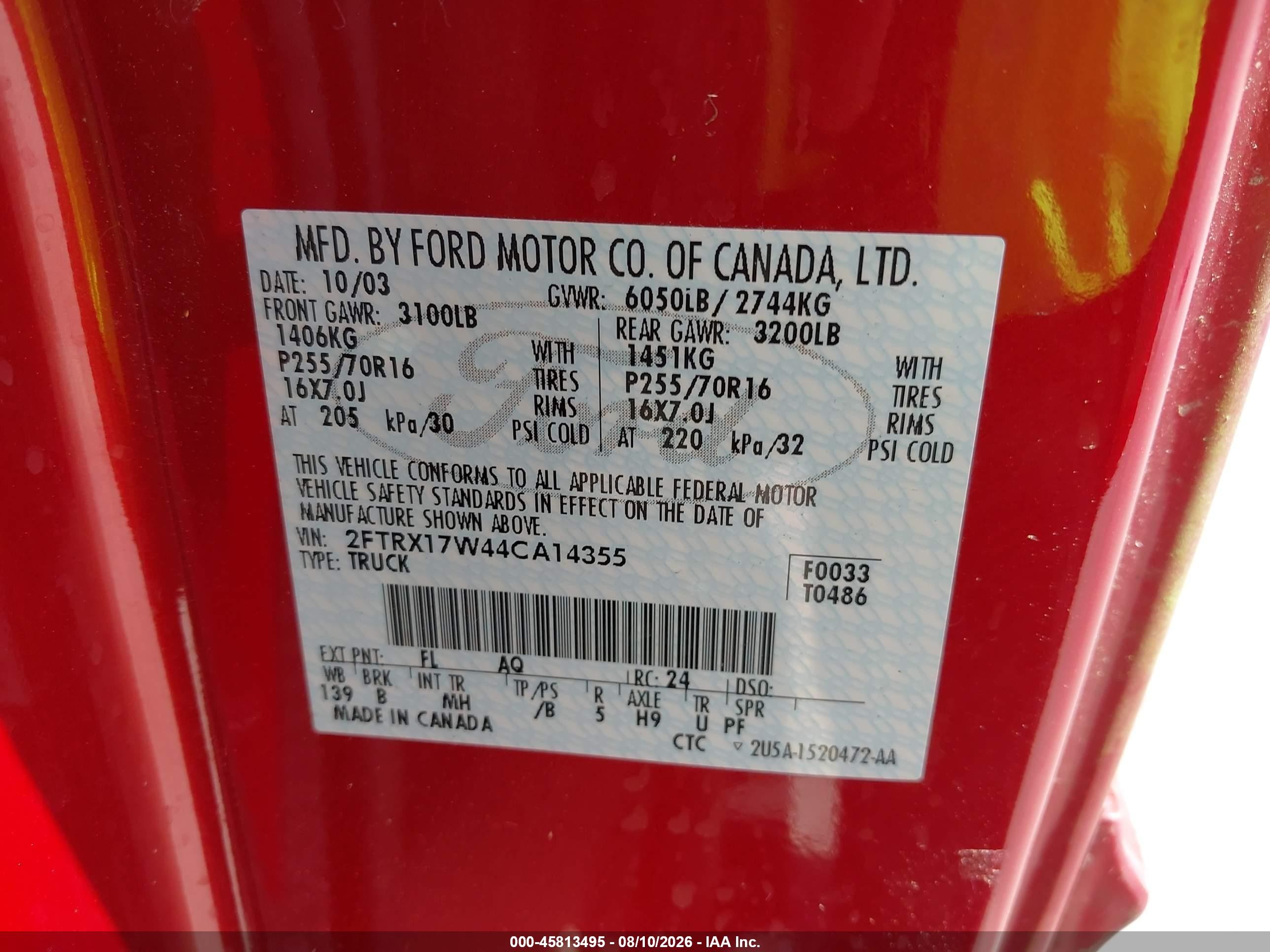 2004 Ford F-150 Heritage Xl/xlt Red vin: 2FTRX17W44CA14355