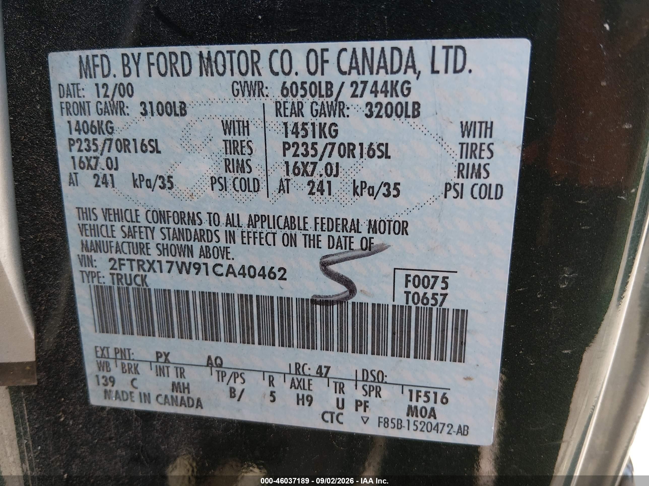2001 Ford F-150 Lariat/xl/xlt Зеленый vin: 2FTRX17W91CA40462
