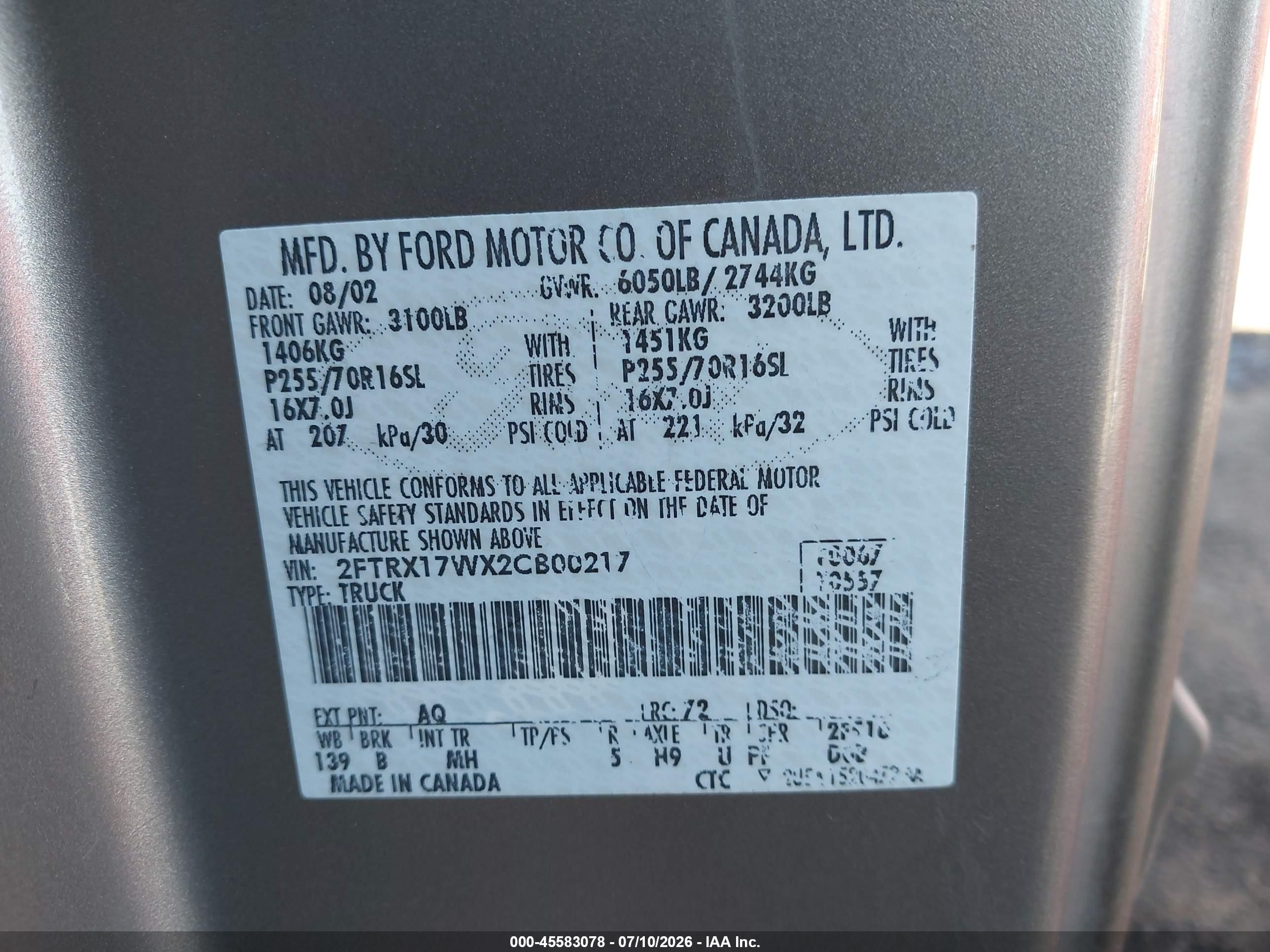 2002 Ford F-150 Lariat/xl/xlt Brown vin: 2FTRX17WX2CB00217