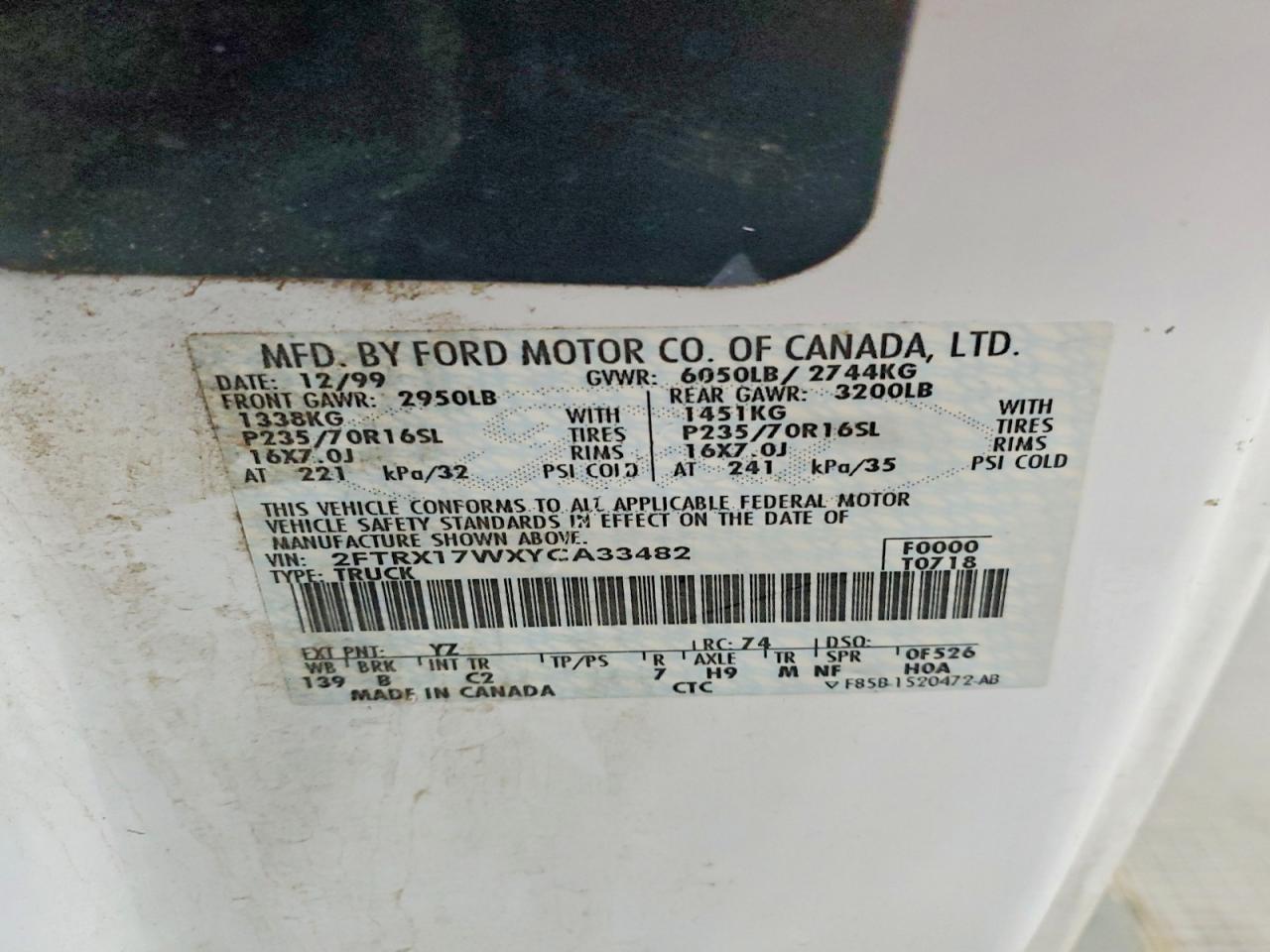 2000 Ford F150 White vin: 2FTRX17WXYCA33482