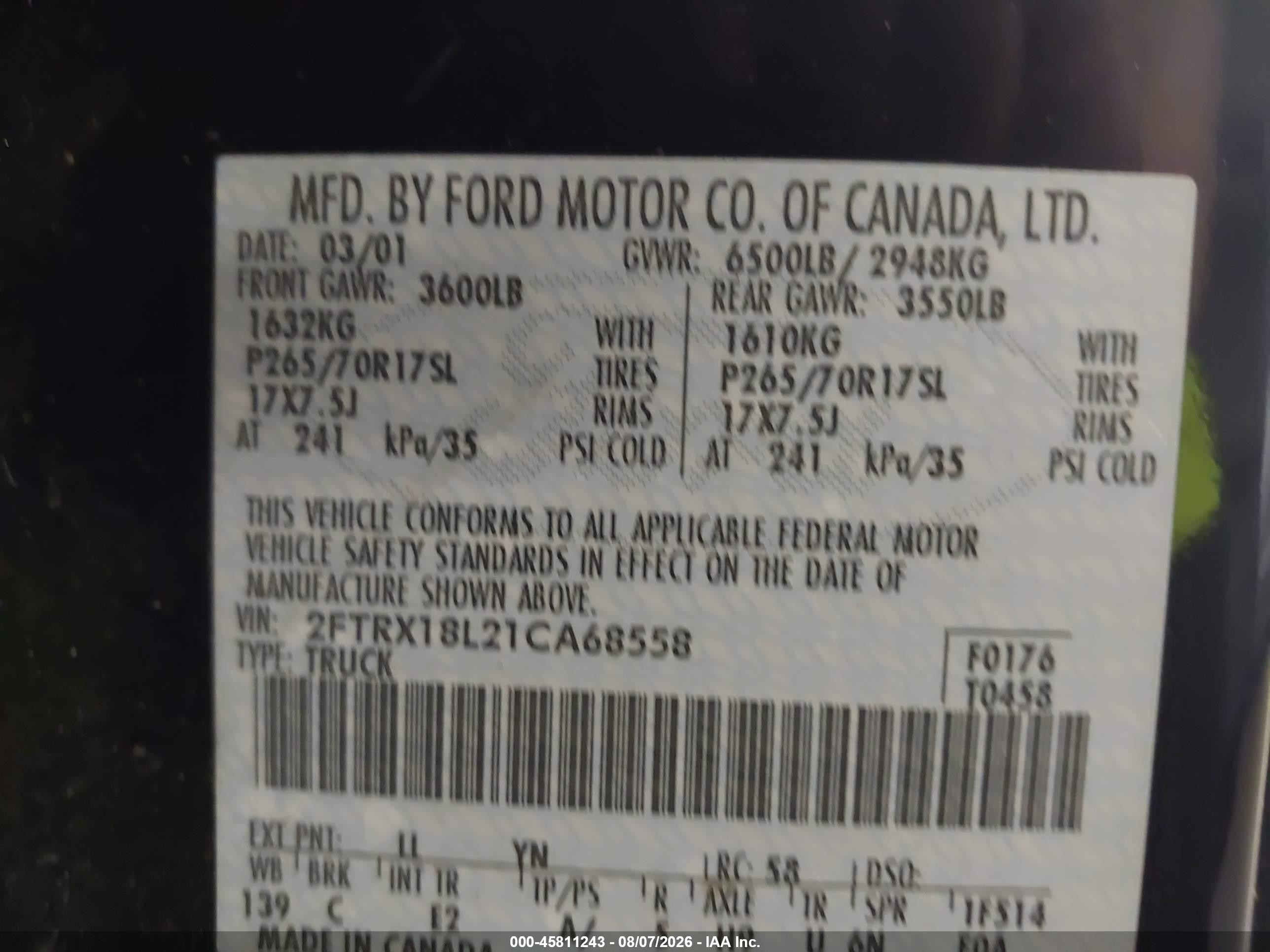 2001 Ford F-150 Lariat/xl/xlt Blue vin: 2FTRX18L21CA68558