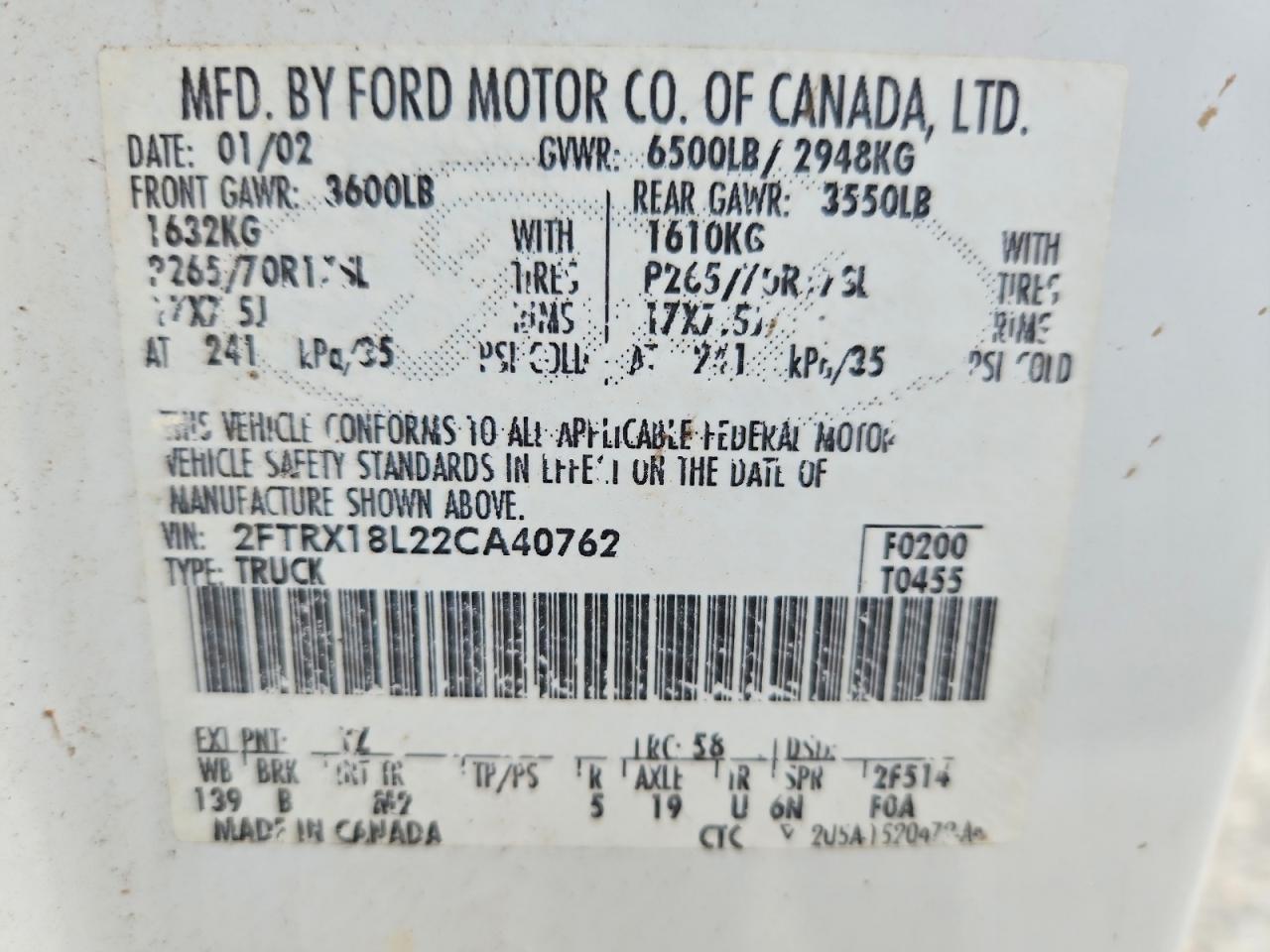 2002 Ford F150 White vin: 2FTRX18L22CA40762