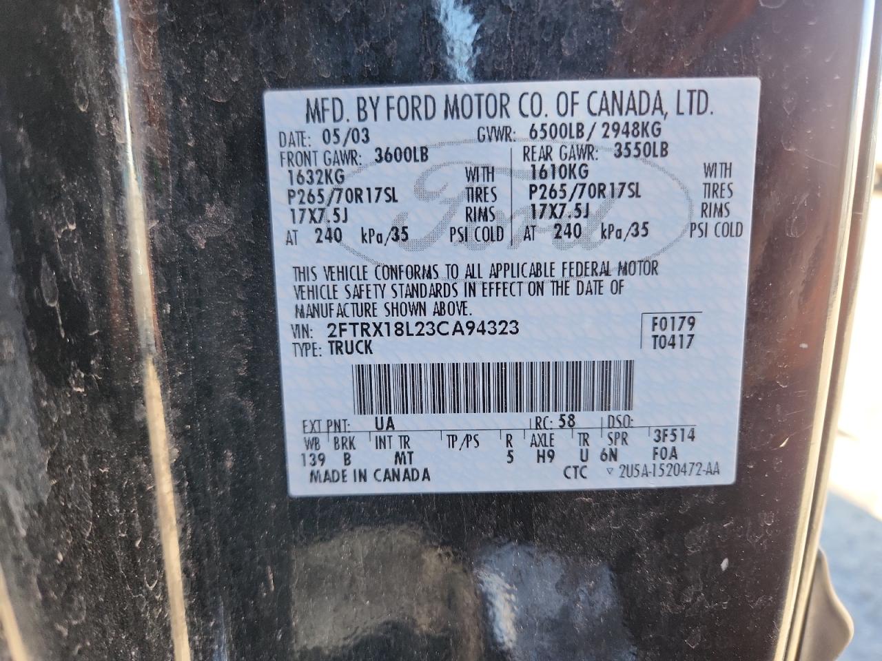 2003 Ford F150 Black vin: 2FTRX18L23CA94323