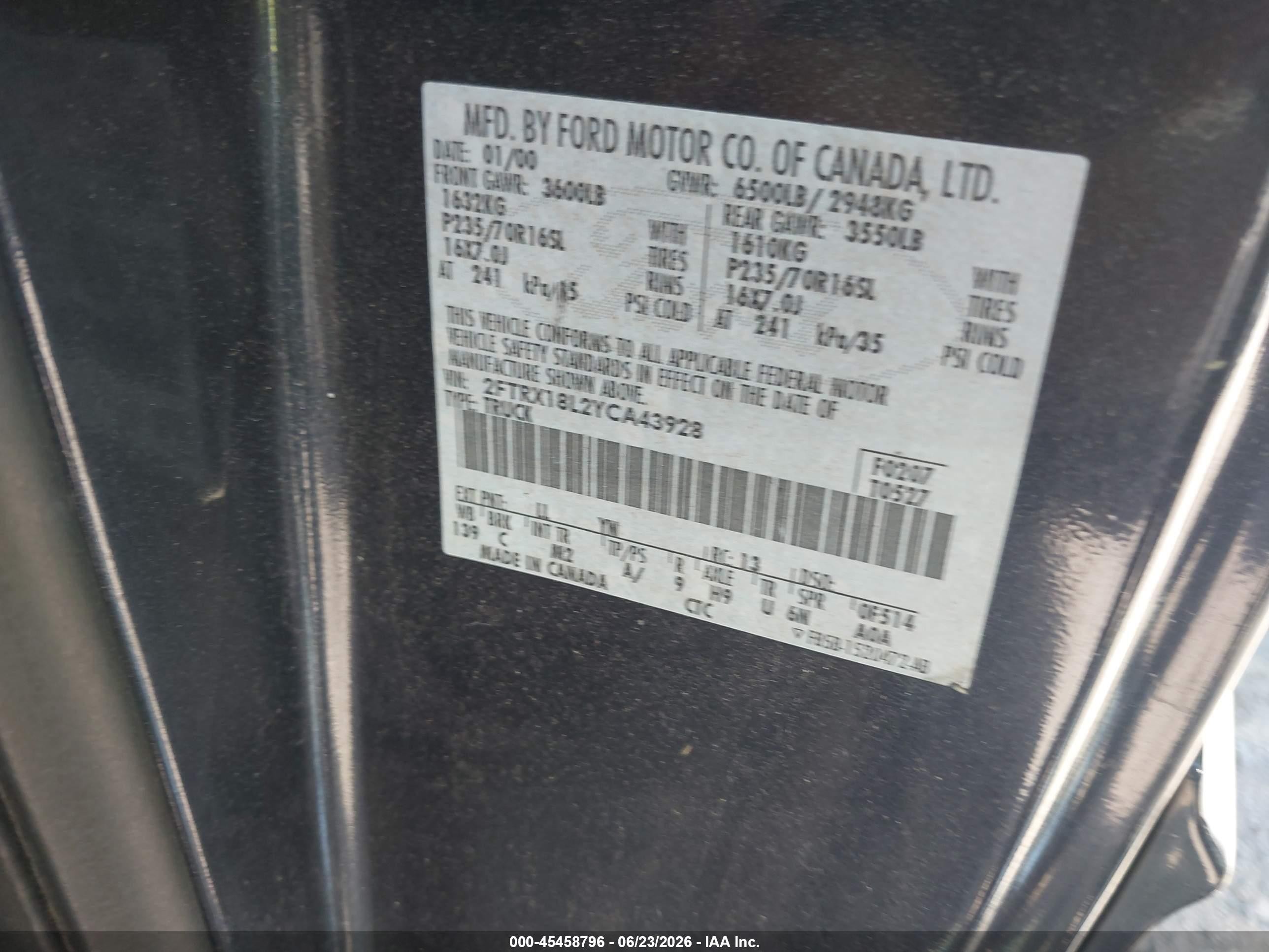 2000 Ford F-150 Lariat/work Series/xl/xlt Blue vin: 2FTRX18L2YCA43928