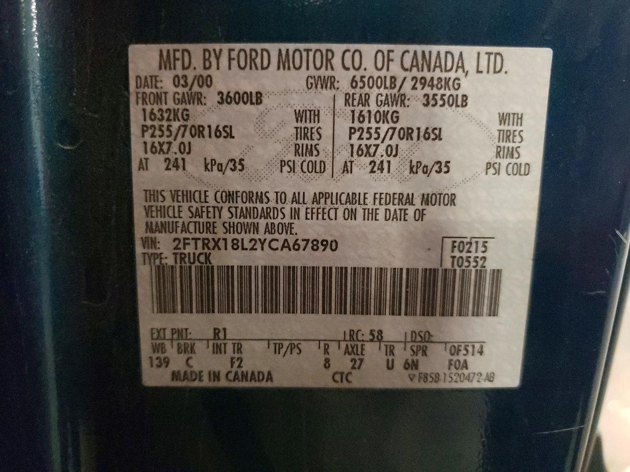 2000 Ford F150 Teal vin: 2FTRX18L2YCA67890