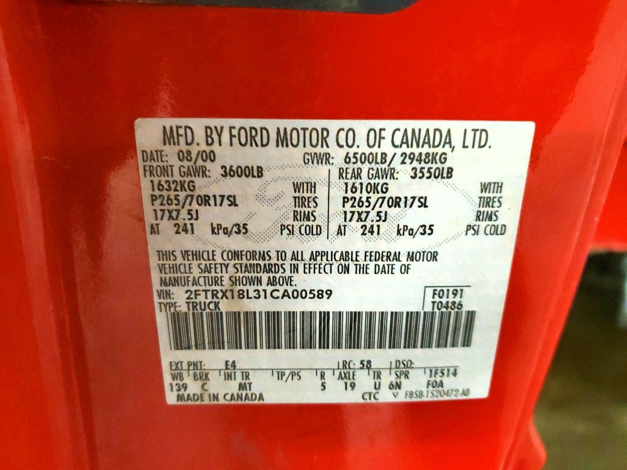 2001 Ford F150 Red vin: 2FTRX18L31CA00589