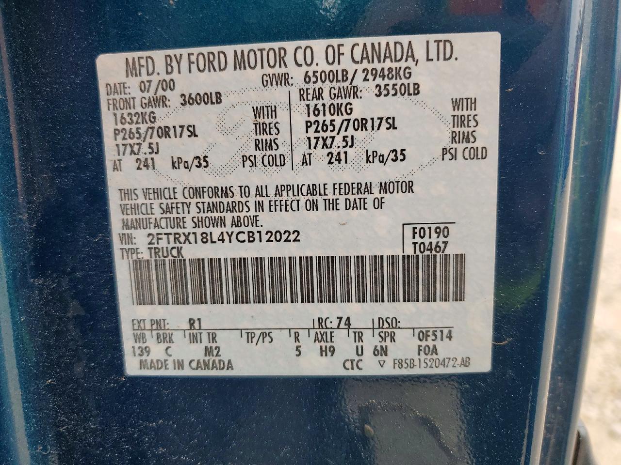 2000 Ford F150 Turquoise vin: 2FTRX18L4YCB12022