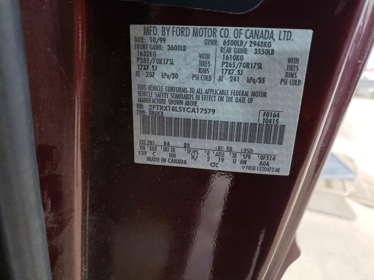 2000 Ford F150 Burgundy vin: 2FTRX18L5YCA17579
