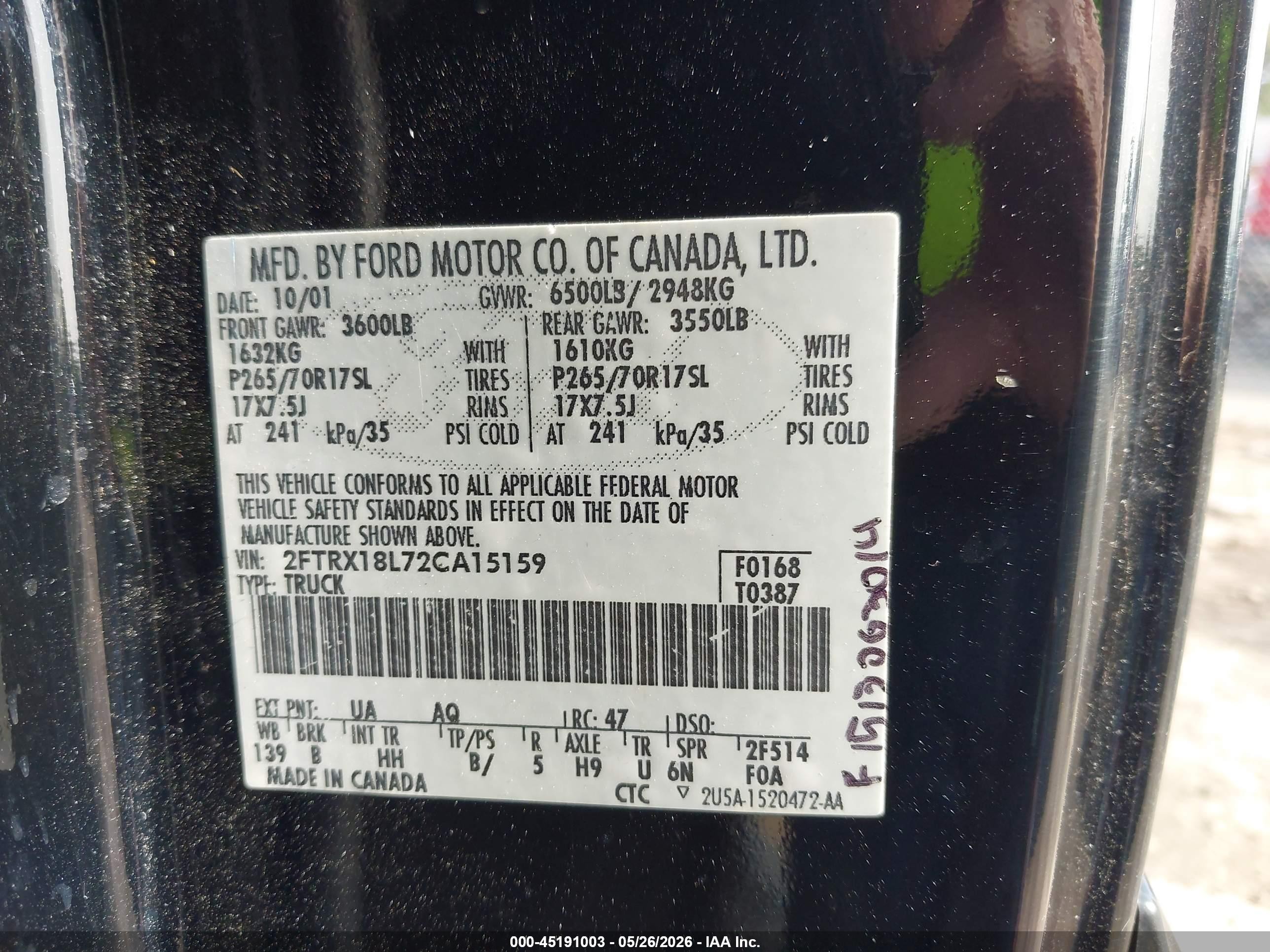2002 Ford F-150 Lariat/xl/xlt Black vin: 2FTRX18L72CA15159