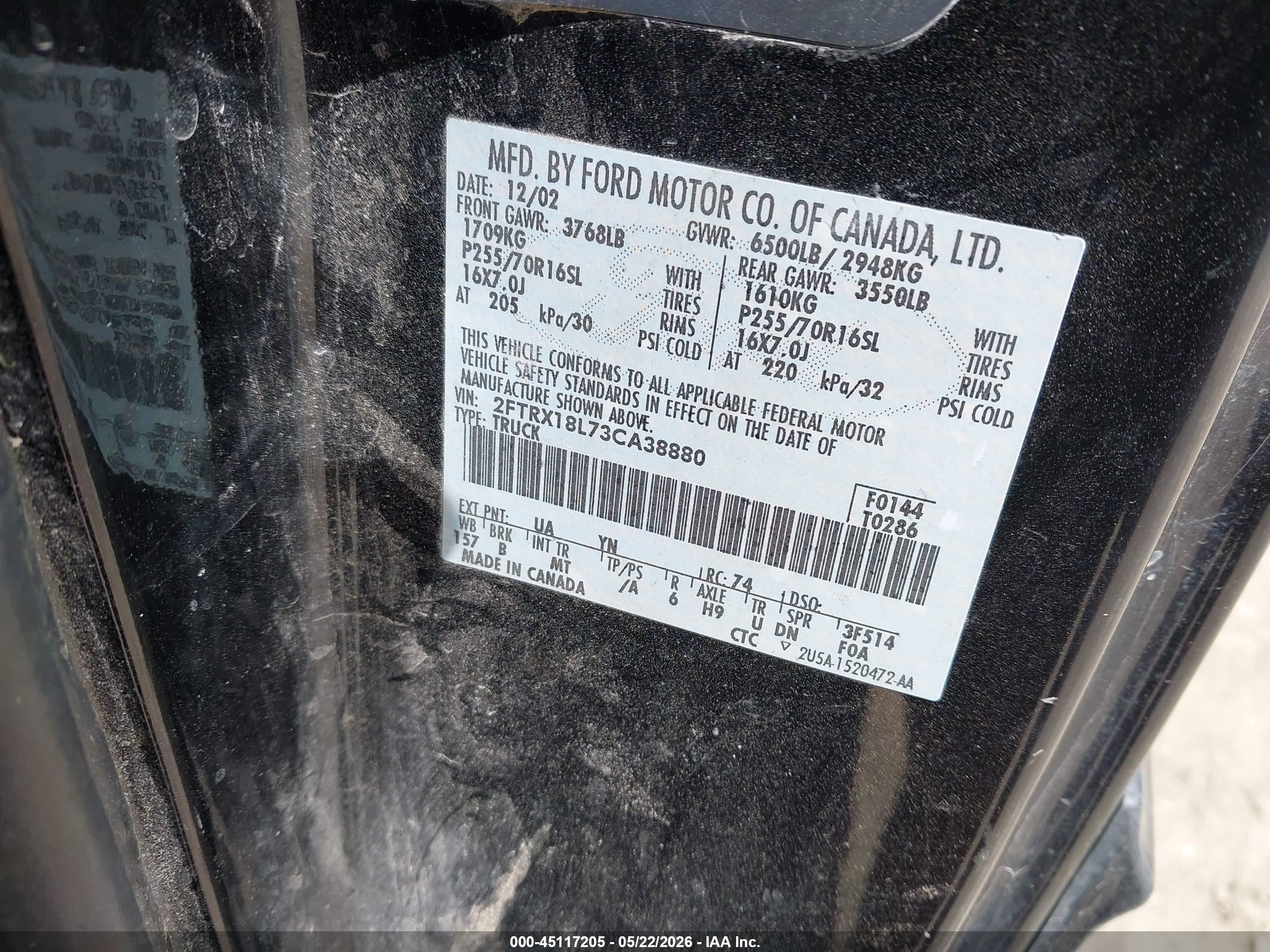 2003 Ford F-150 Lariat/xl/xlt Black vin: 2FTRX18L73CA38880