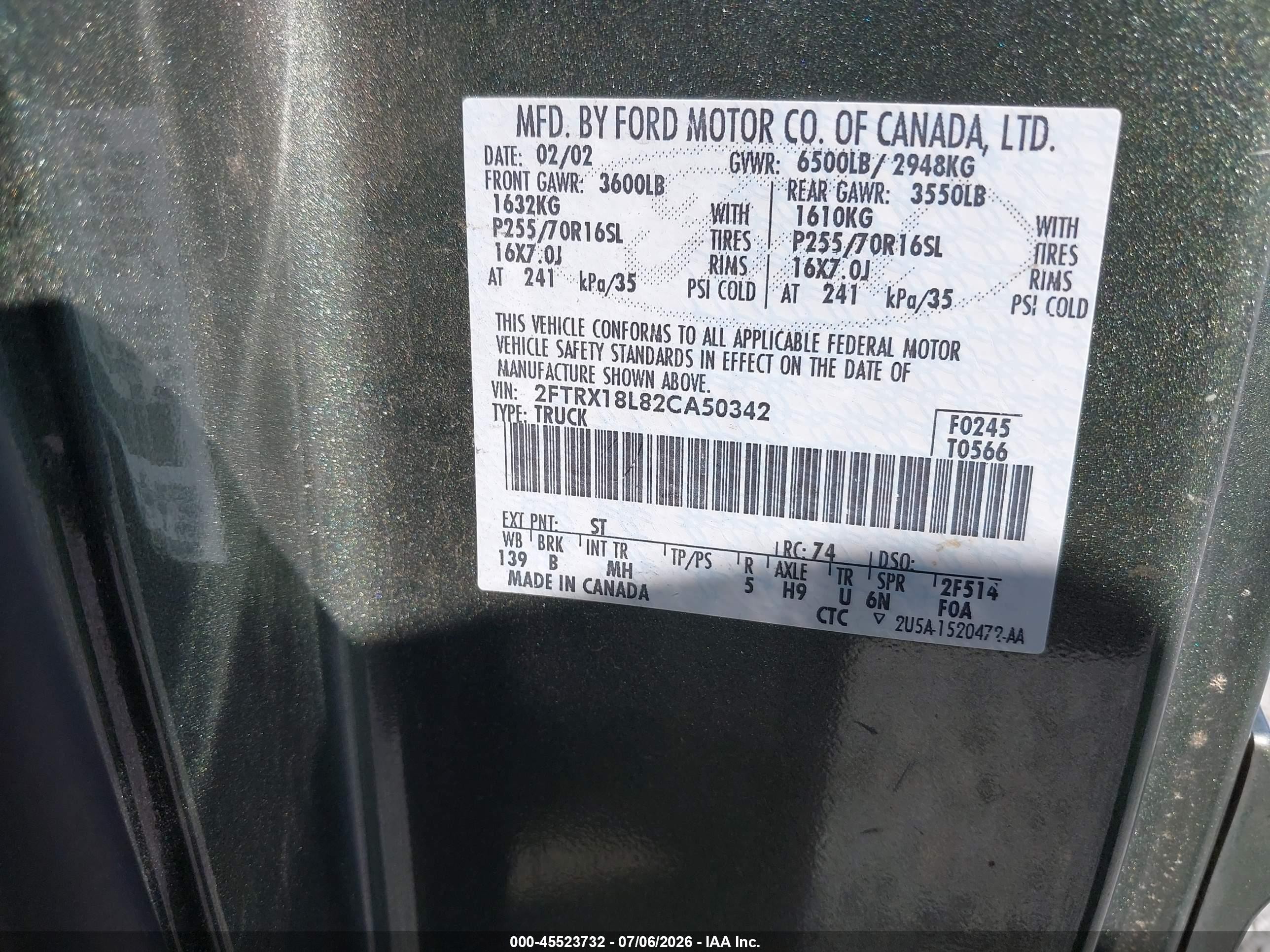 2002 Ford F-150 Lariat/xl/xlt Green vin: 2FTRX18L82CA50342