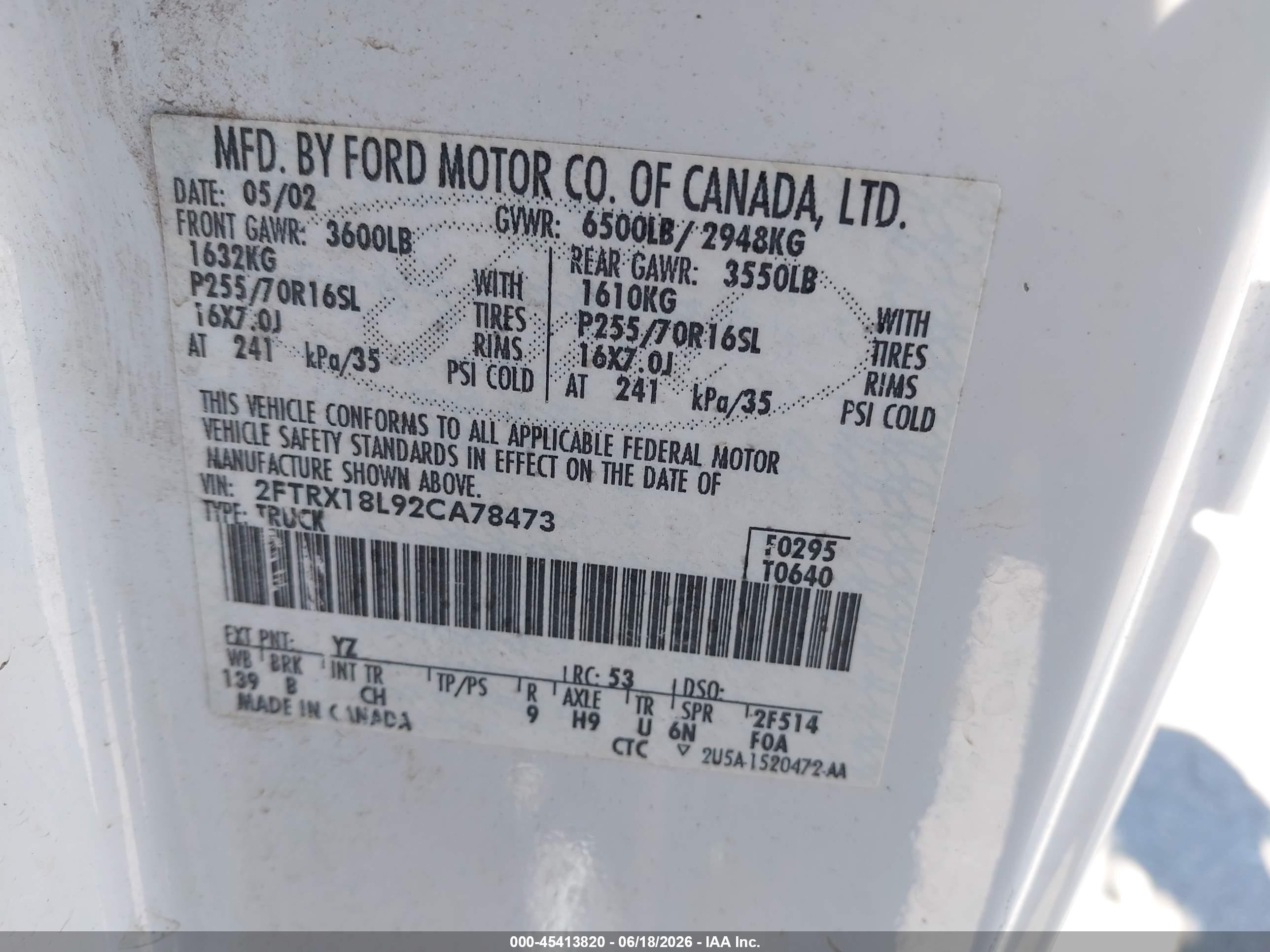 2002 Ford F-150 Lariat/xl/xlt White vin: 2FTRX18L92CA78473
