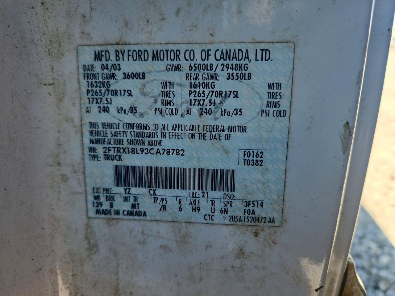 2003 Ford F150 White vin: 2FTRX18L93CA78782