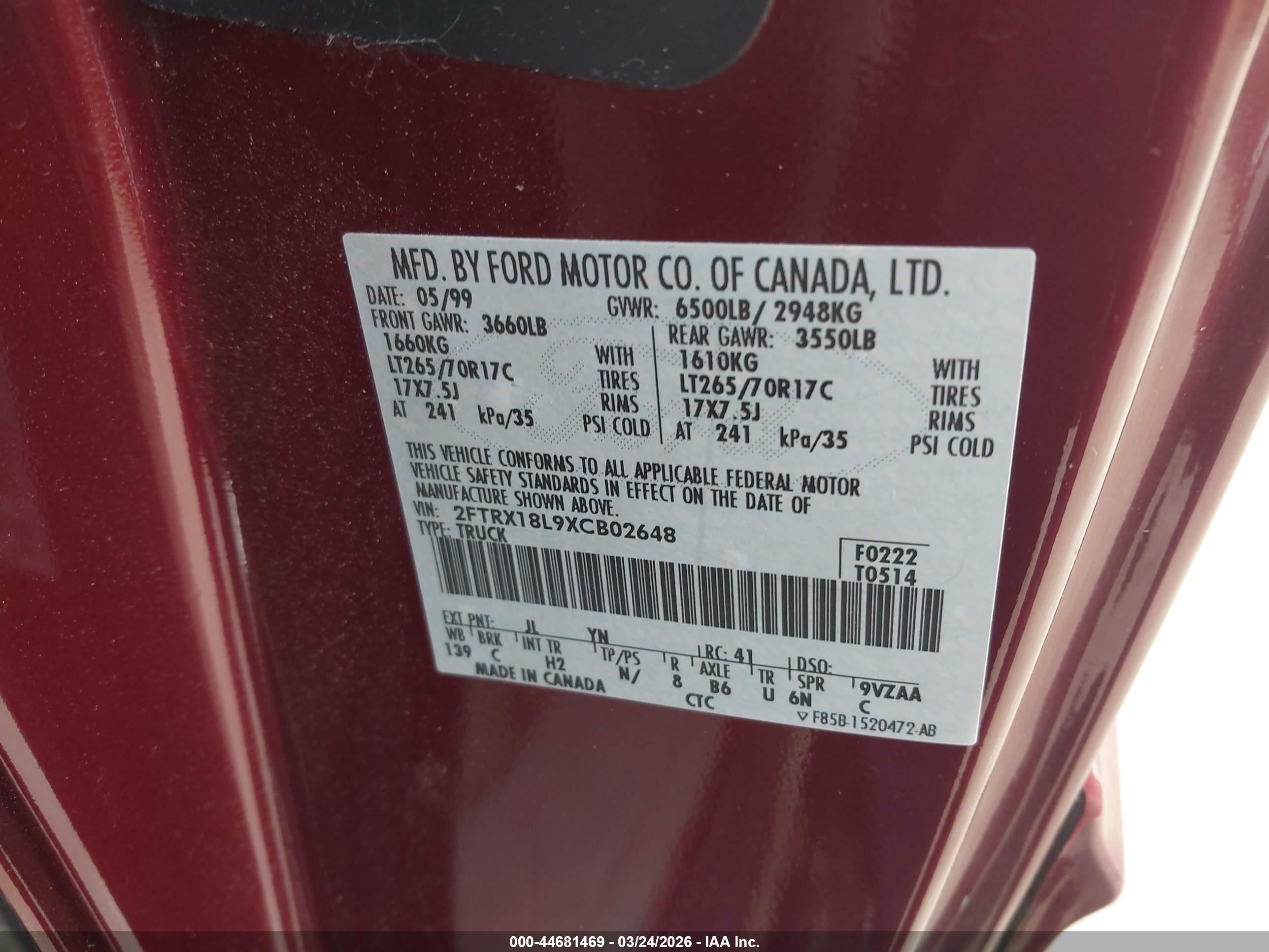 1999 Ford F-150 Lariat/xl/xlt Red vin: 2FTRX18L9XCB02648