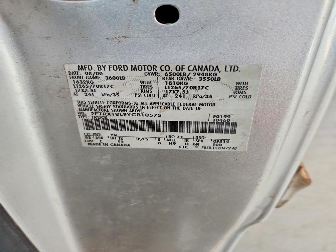 2000 Ford F150 Silver vin: 2FTRX18L9YCB18575