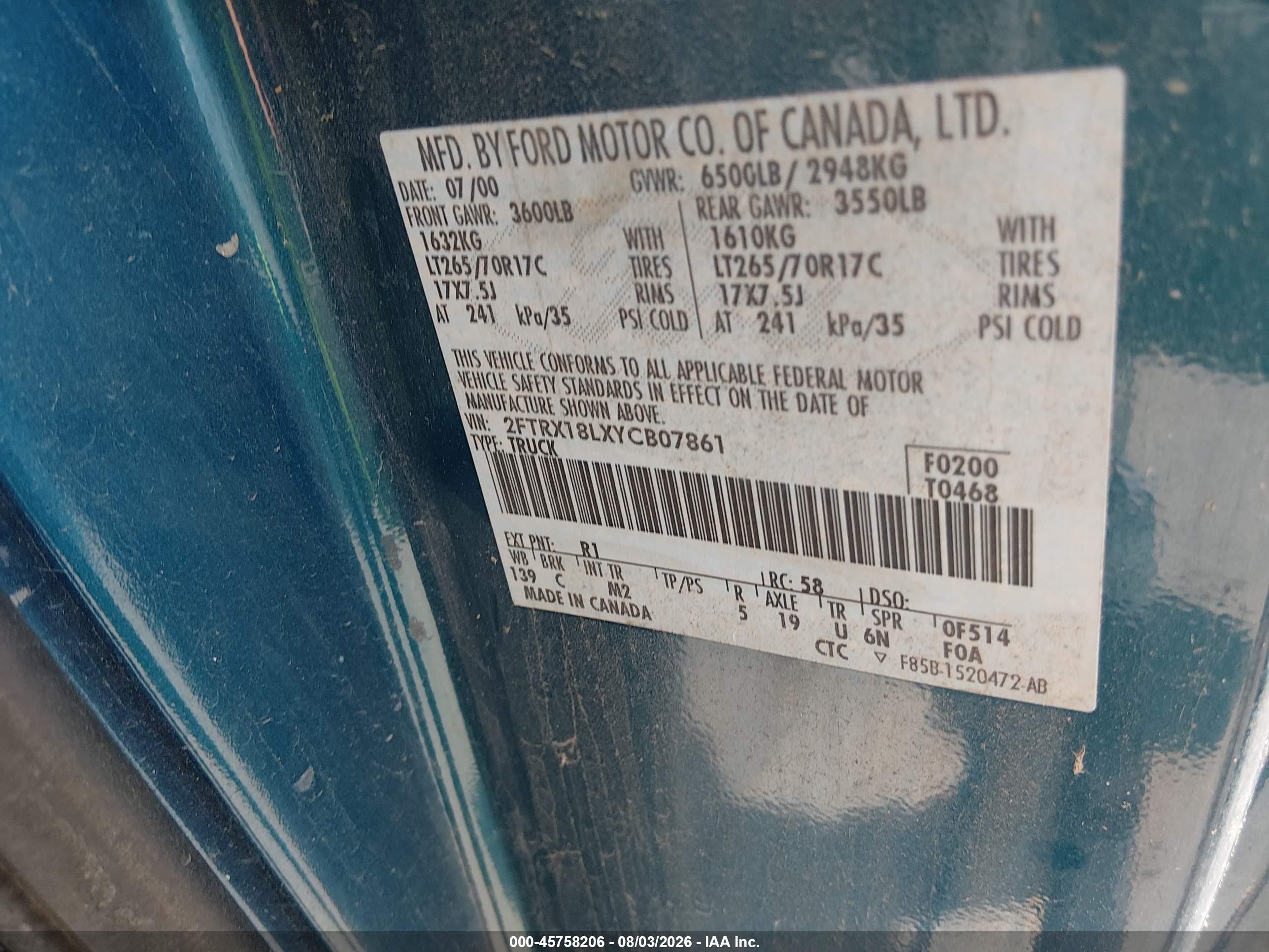 2000 Ford F-150   Blue vin: 2FTRX18LXYCB07861