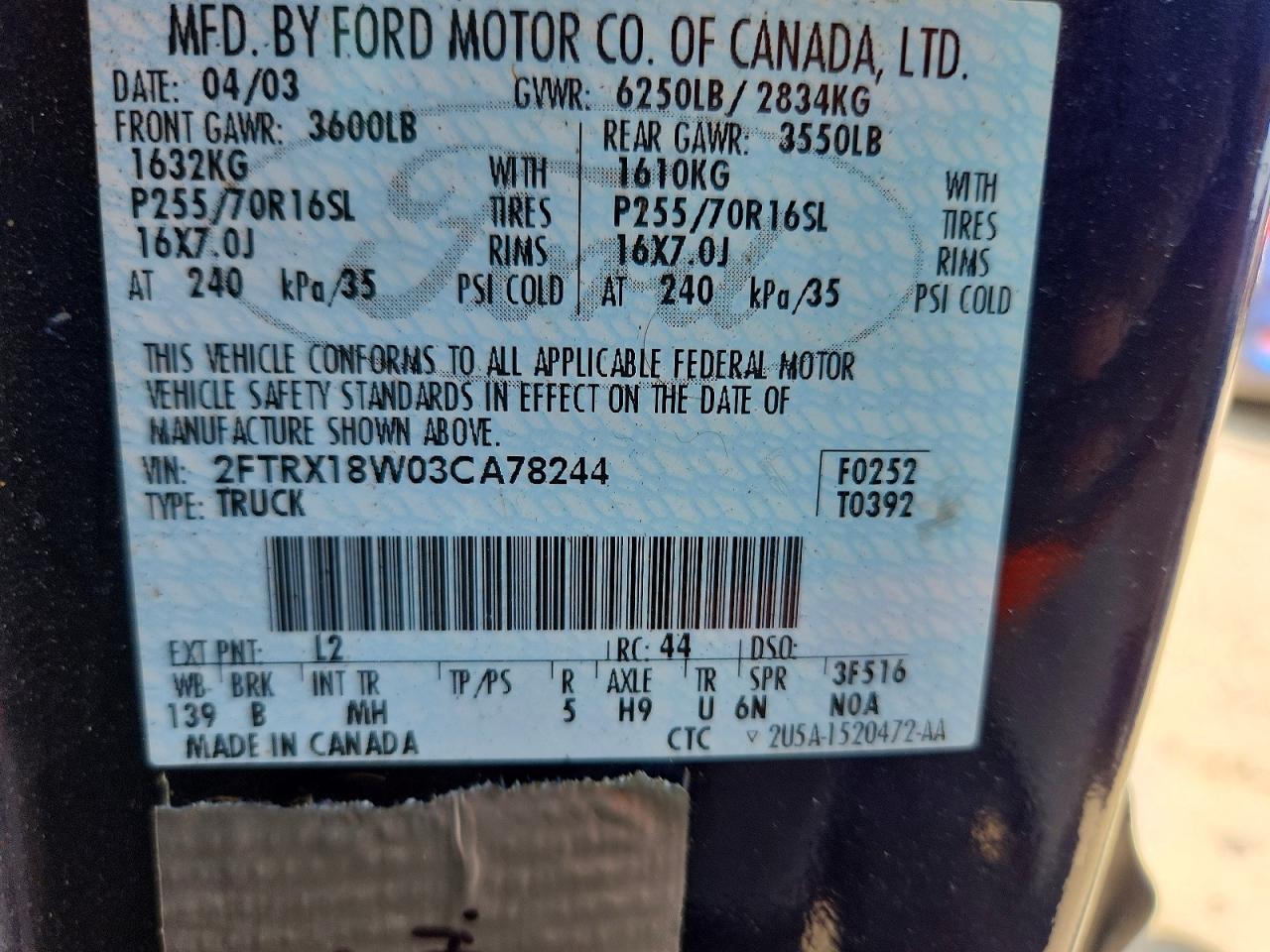 2003 Ford F150 Blue vin: 2FTRX18W03CA78244