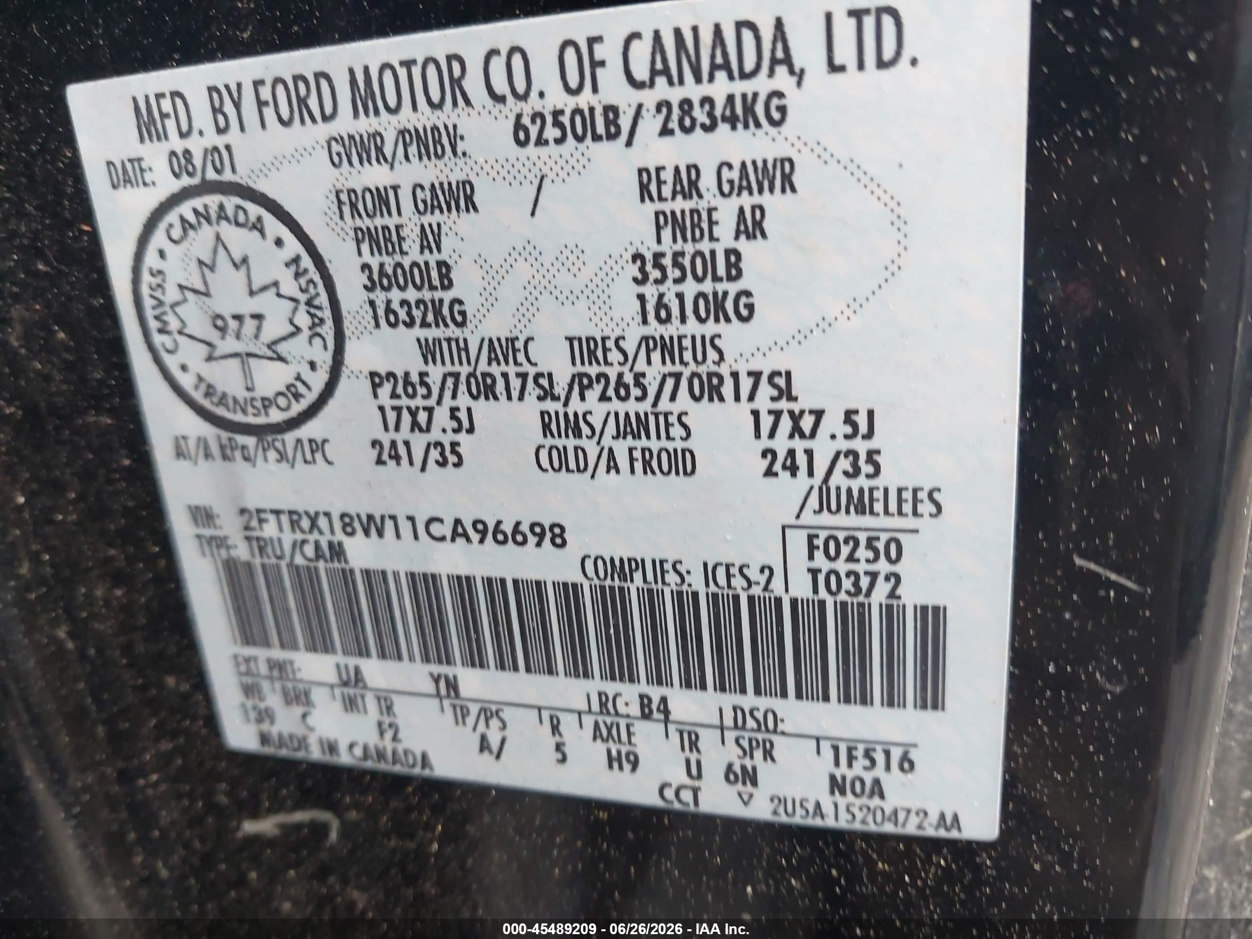2001 Ford F-150 Lariat/xl/xlt Черный vin: 2FTRX18W11CA96698