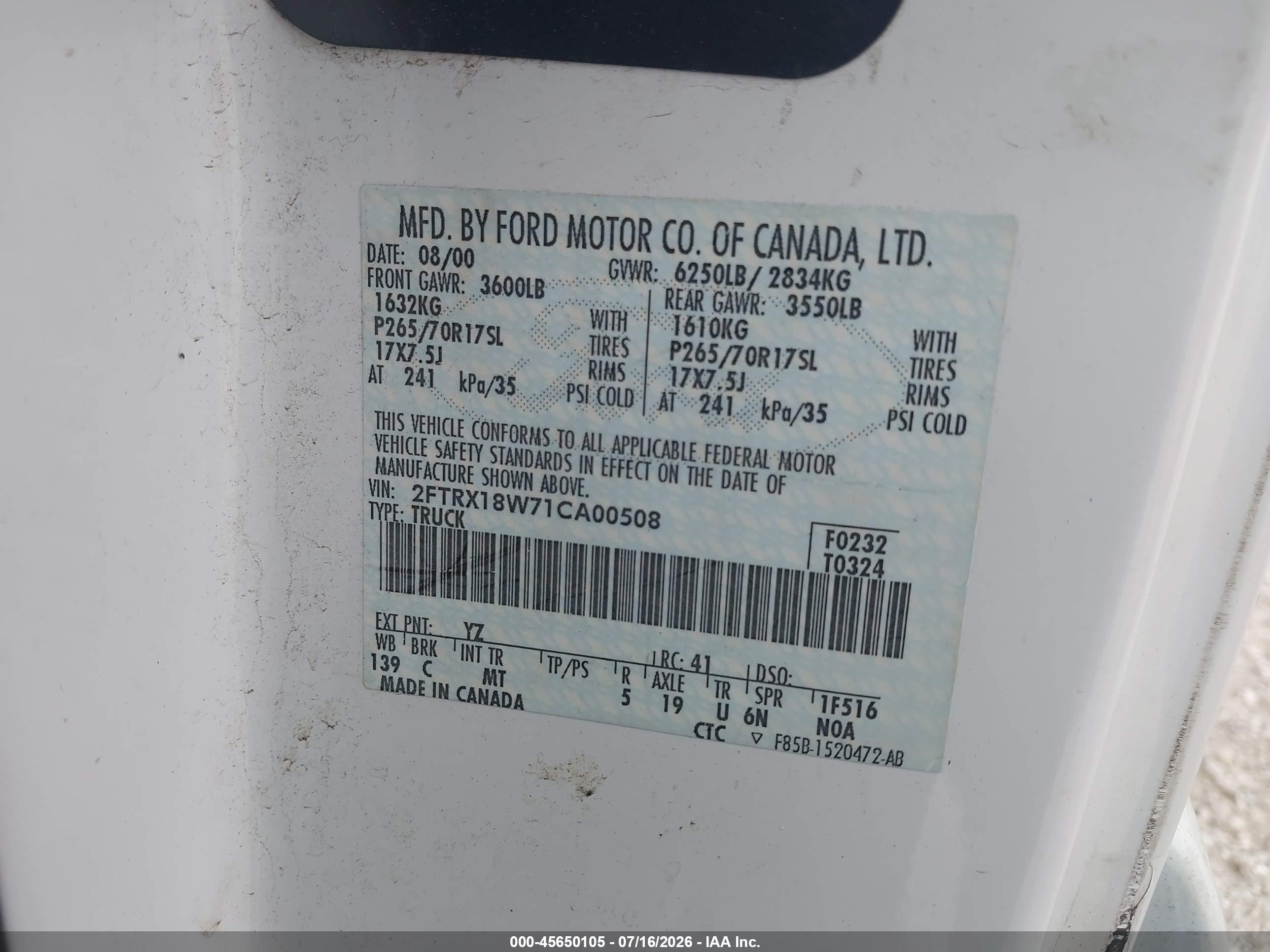 2001 Ford F-150 Lariat/xl/xlt White vin: 2FTRX18W71CA00508