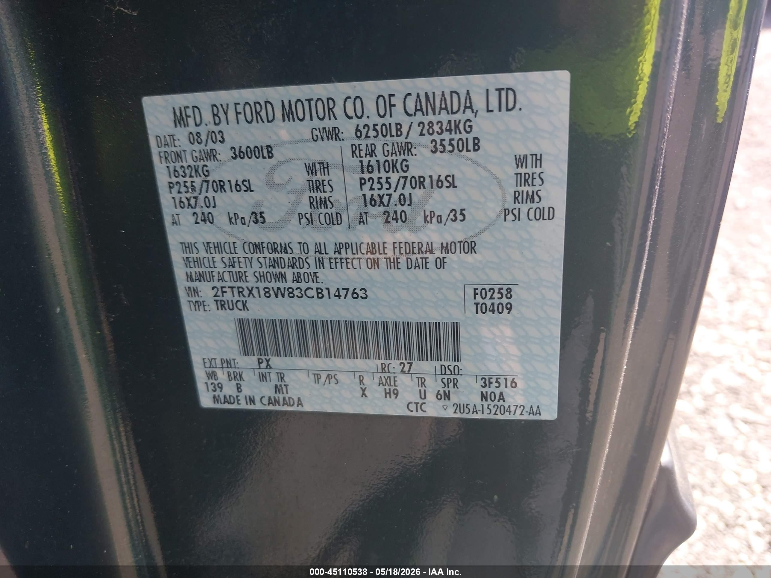 2003 Ford F-150 Lariat/xl/xlt Зеленый vin: 2FTRX18W83CB14763