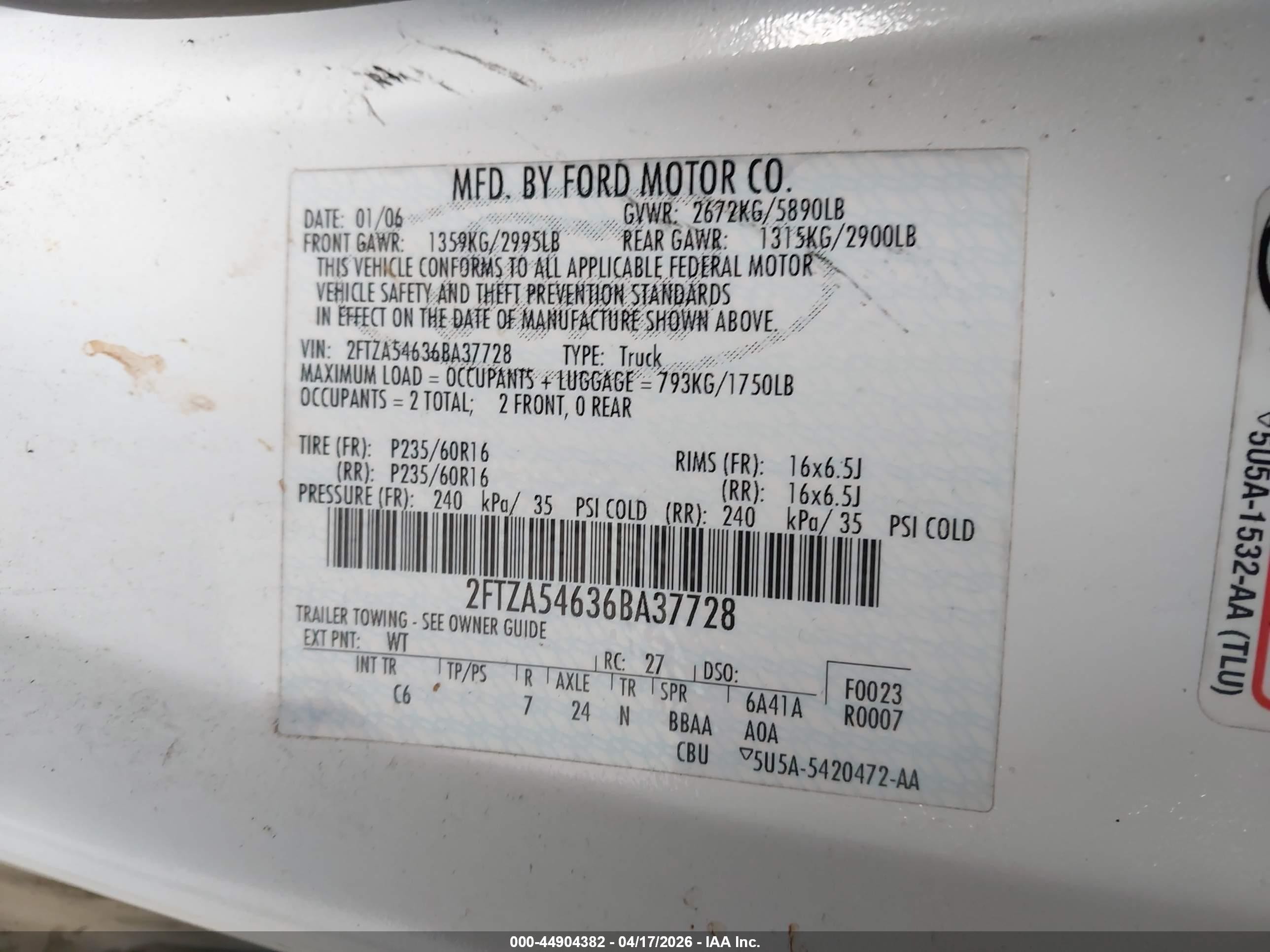 2006 Ford Freestar   White vin: 2FTZA54636BA37728