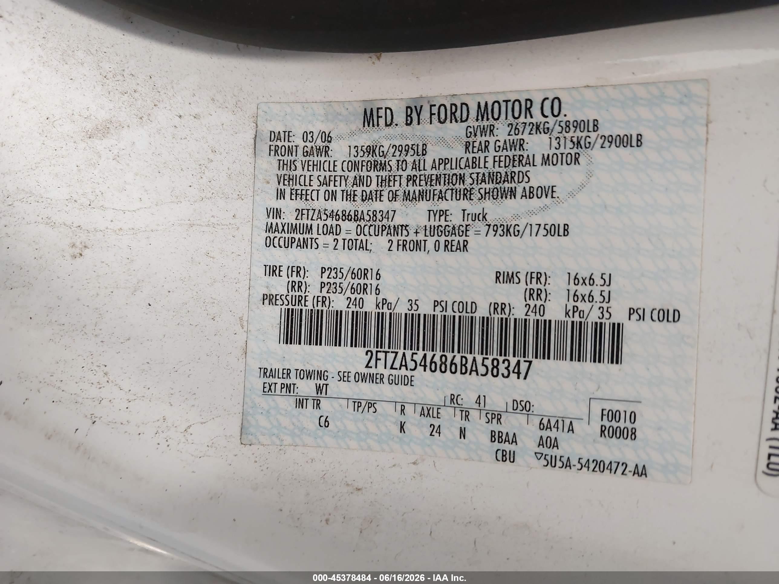 2006 Ford Freestar   White vin: 2FTZA54686BA58347