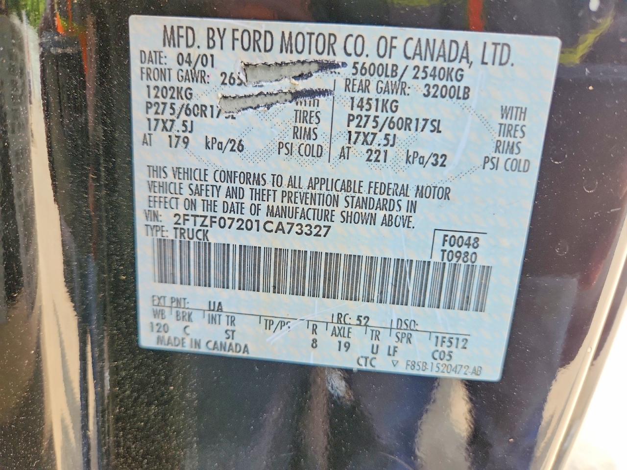 2001 Ford F150 Black vin: 2FTZF07201CA73327