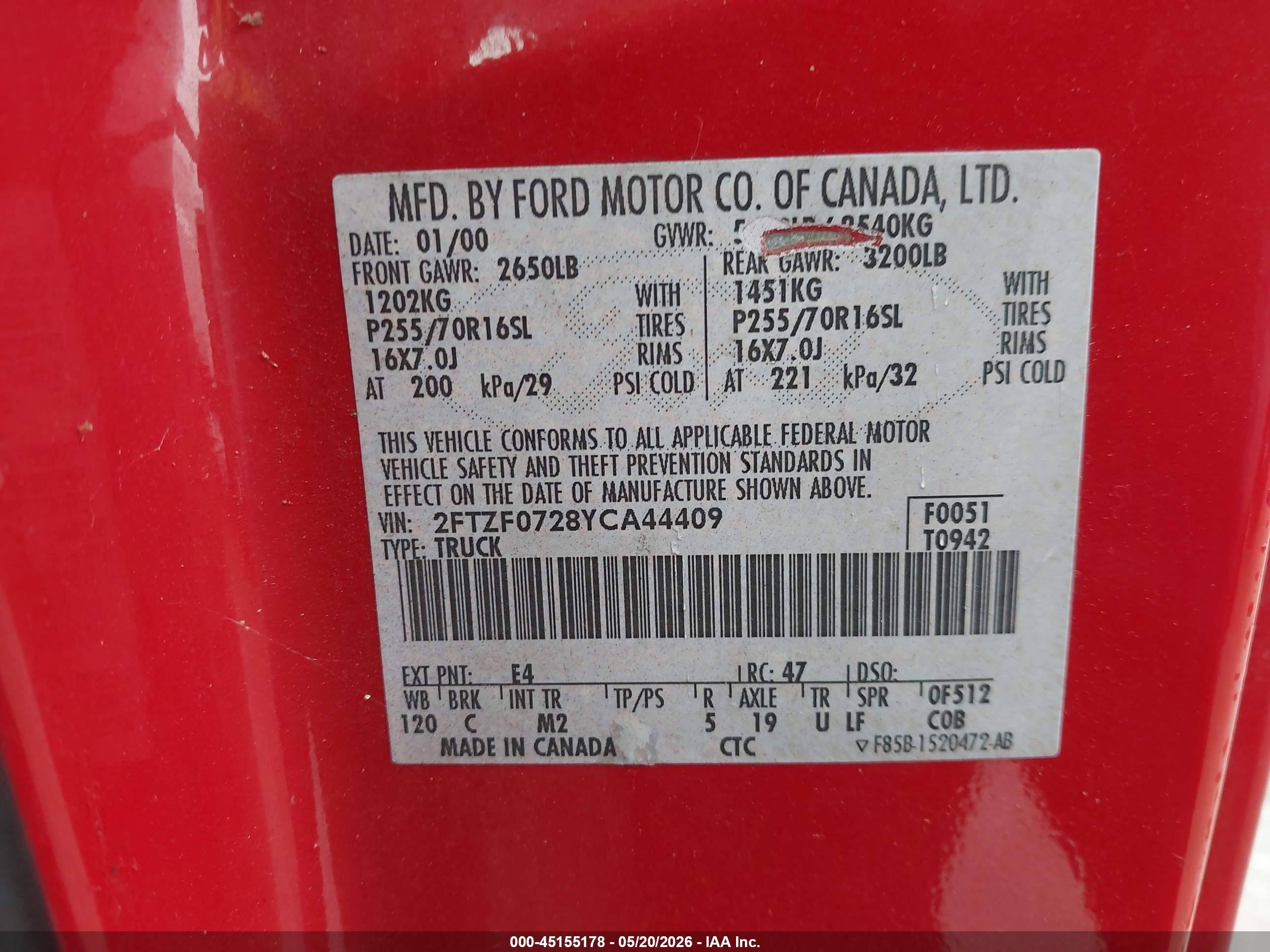 2000 Ford F-150 Xl/xlt Red vin: 2FTZF0728YCA44409