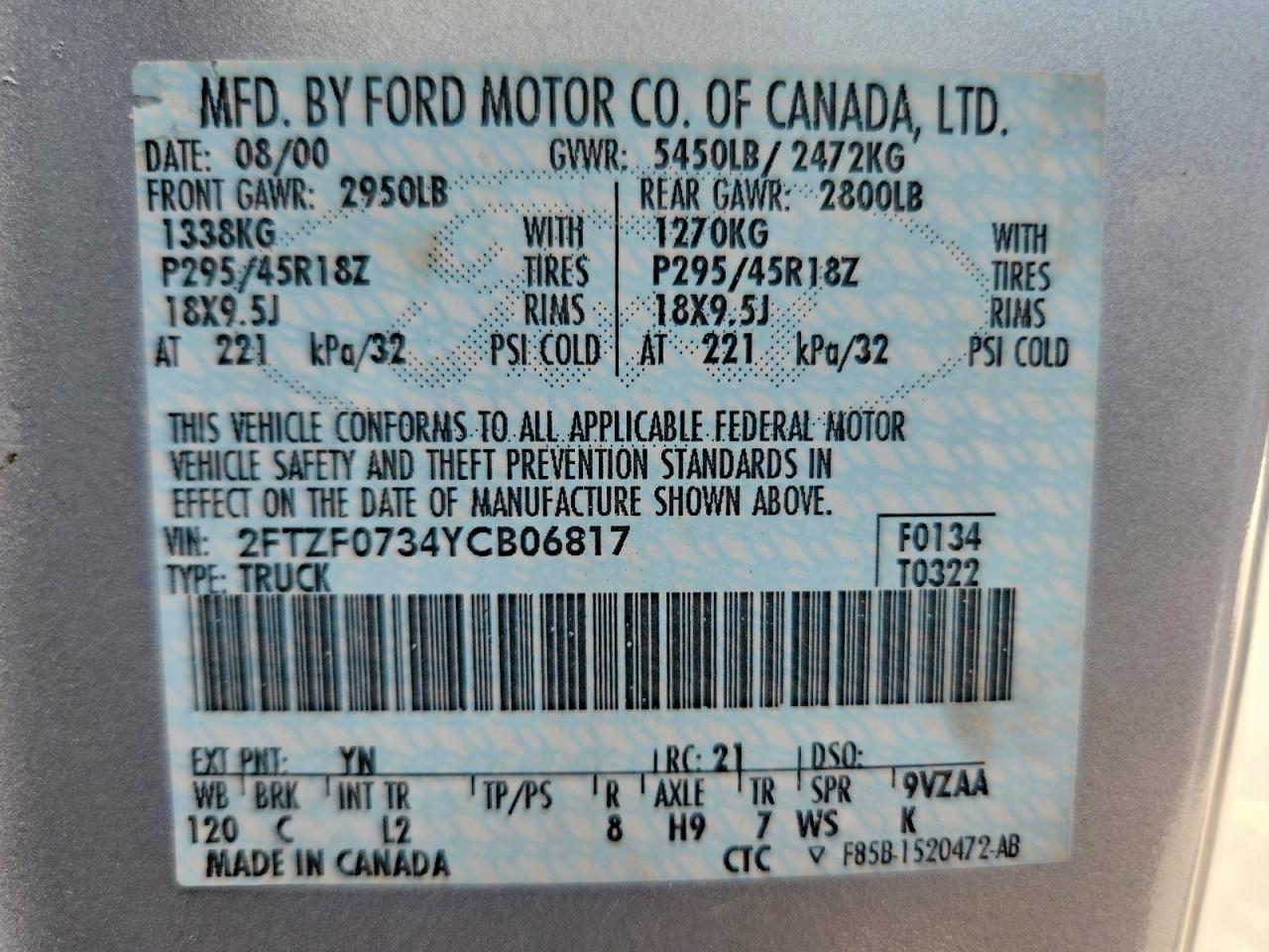 2000 Ford F150 Svt Lightning White vin: 2FTZF0734YCB06817