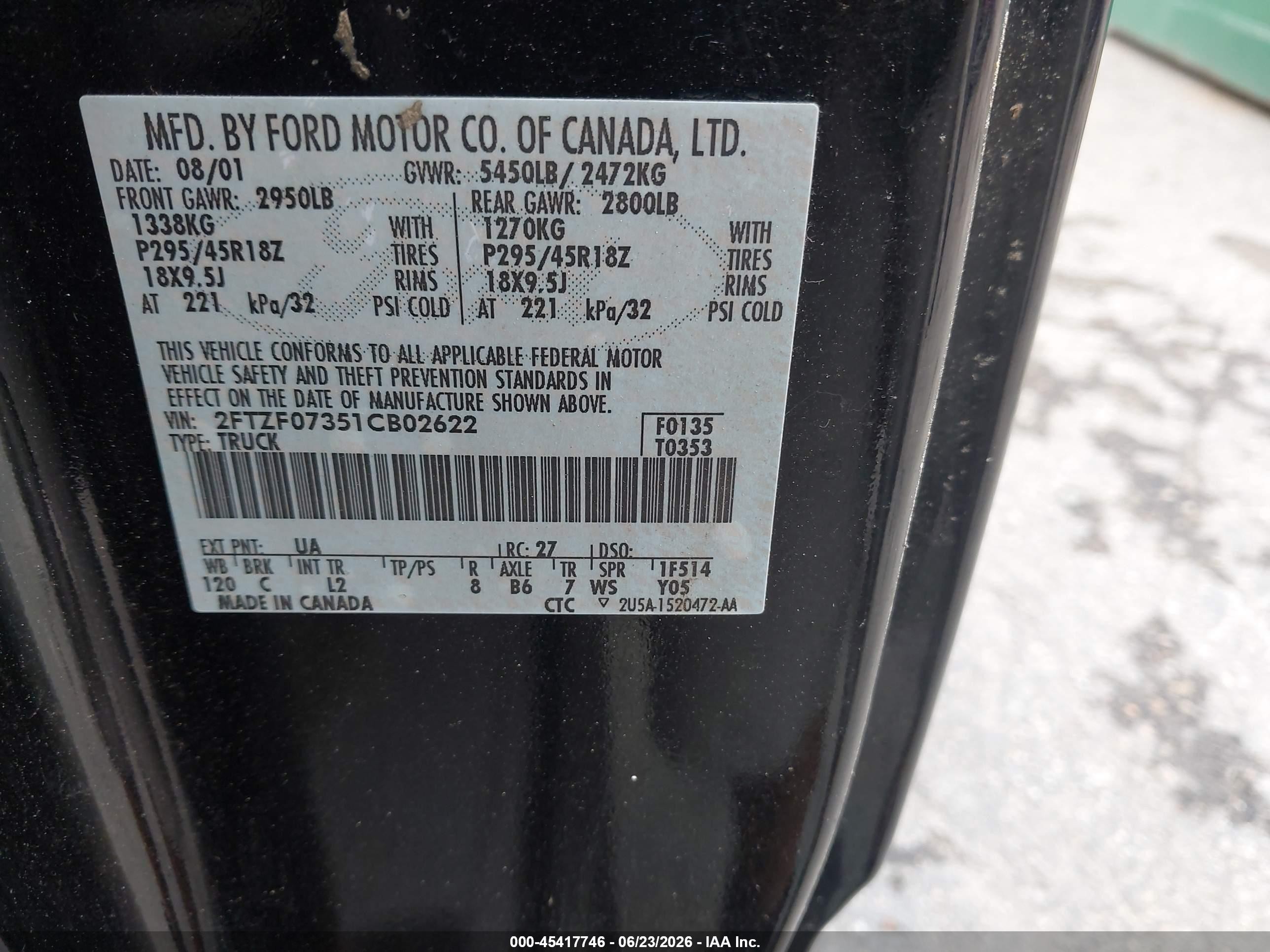 2001 Ford F-150 Svt Lightning Black vin: 2FTZF07351CB02622