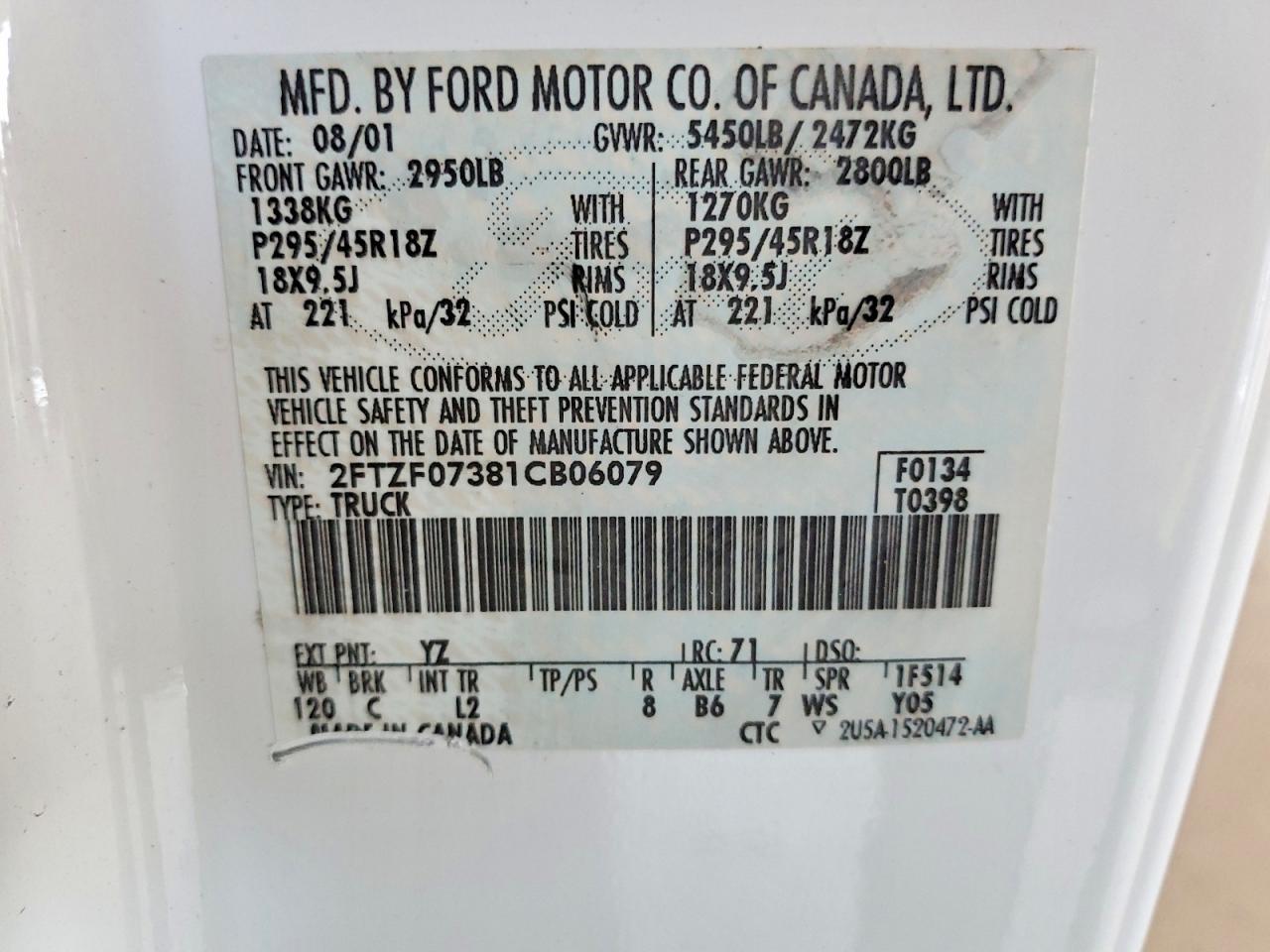 2001 Ford F150 Svt Lightning Белый vin: 2FTZF07381CB06079