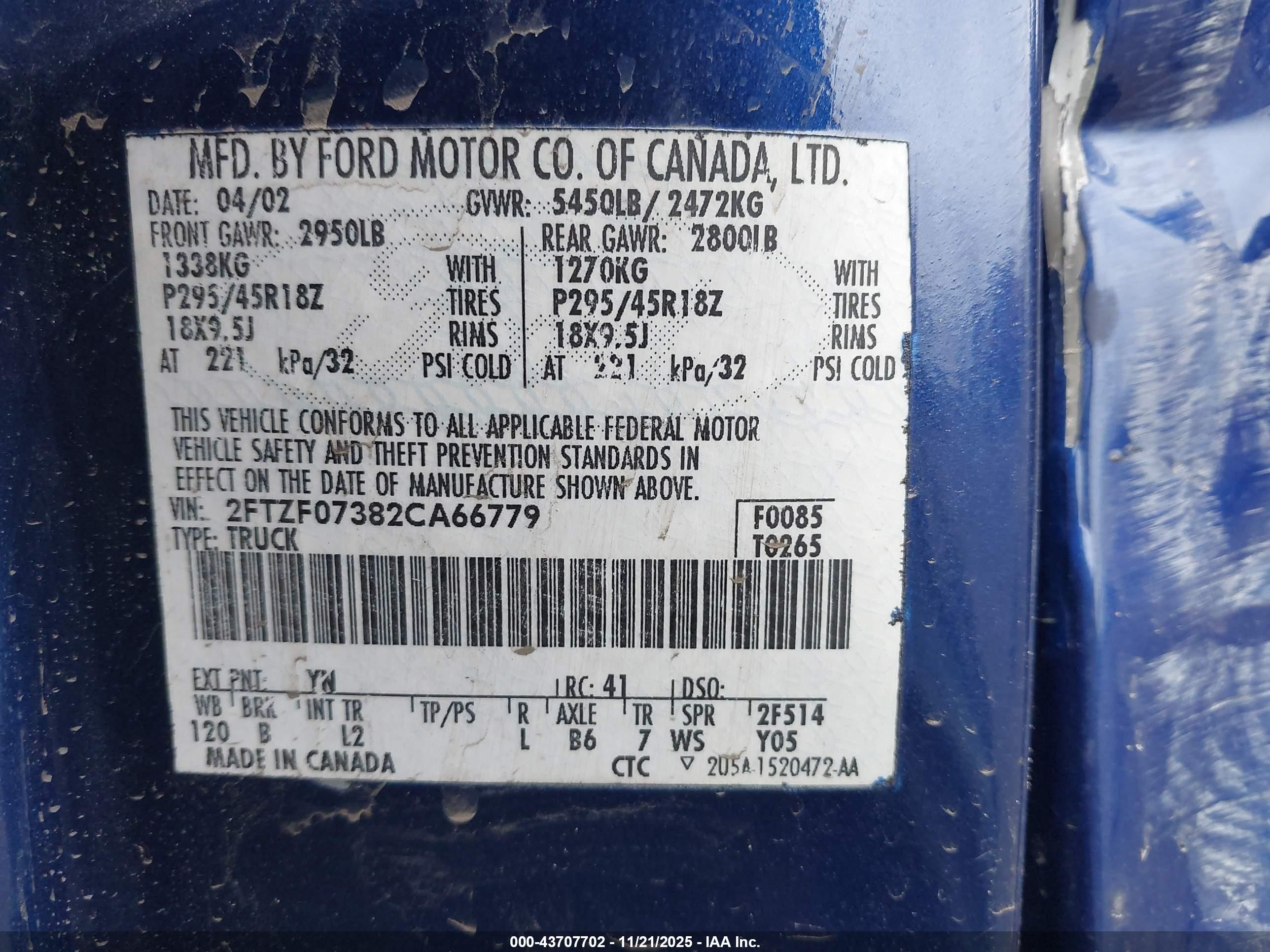 2002 Ford F-150 Lightning Blue vin: 2FTZF07382CA66779