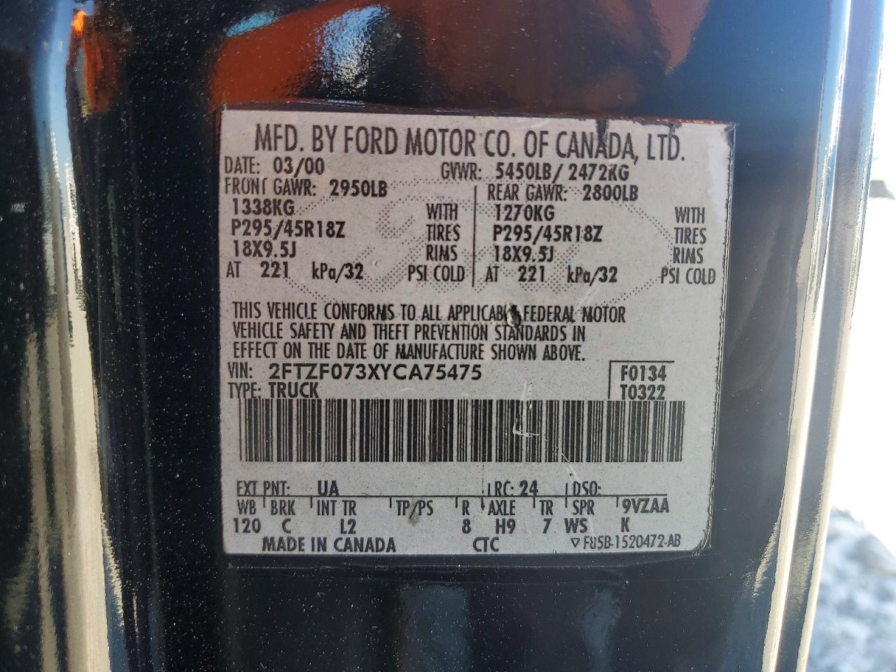 2000 Ford F150 Svt Lightning Black vin: 2FTZF073XYCA75475